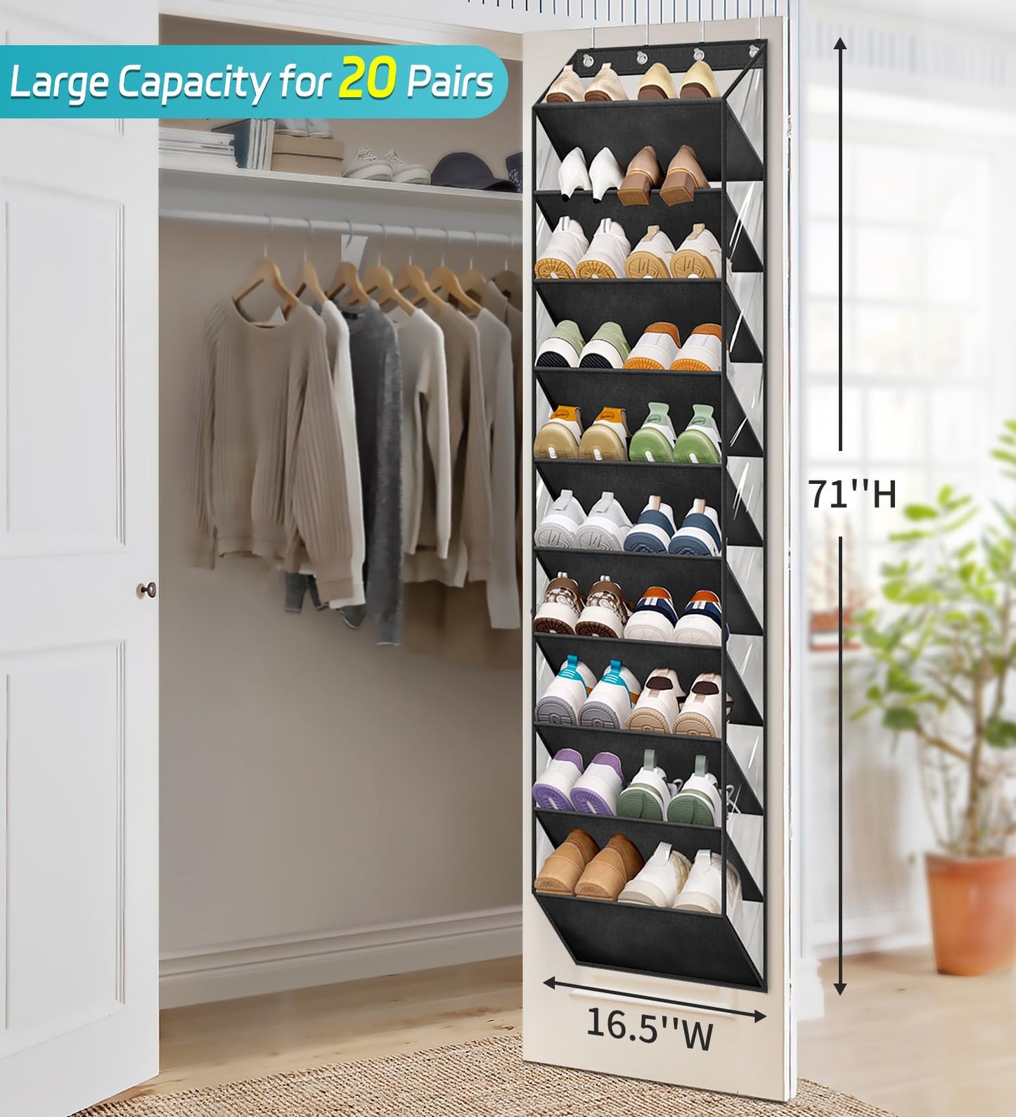 AOODA 10 Tier Clear Over the Door Shoe Organizer Storage, Deep Pockets Large Hanging Shoe Rack for Closet Door, Fit 20 Pairs Shoe Holder Hanger for Sneakers, Boots (Black)