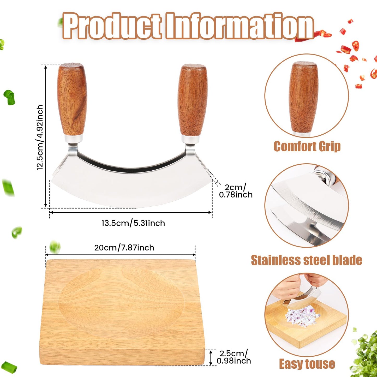 Stainless Steel Mezzaluna Knife with Square Cutting Board Stainless Steel Ulu Knife Curved Double Blade Rocker Knife with Double Wood Handles for Efficient Mincing Nuts and Veggies