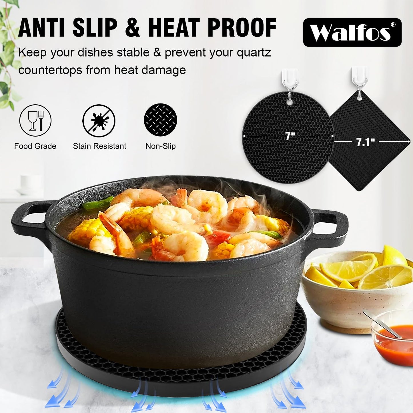 Walfos Silicone Trivet Mats - 4 Heat Resistant Pot Holders, Multipurpose Non-Slip Hot Pads for Kitchen Potholders, Hot Dishers, Jar Opener, Spoon Holder, Food Grade Silicone & BPA Free (Black)