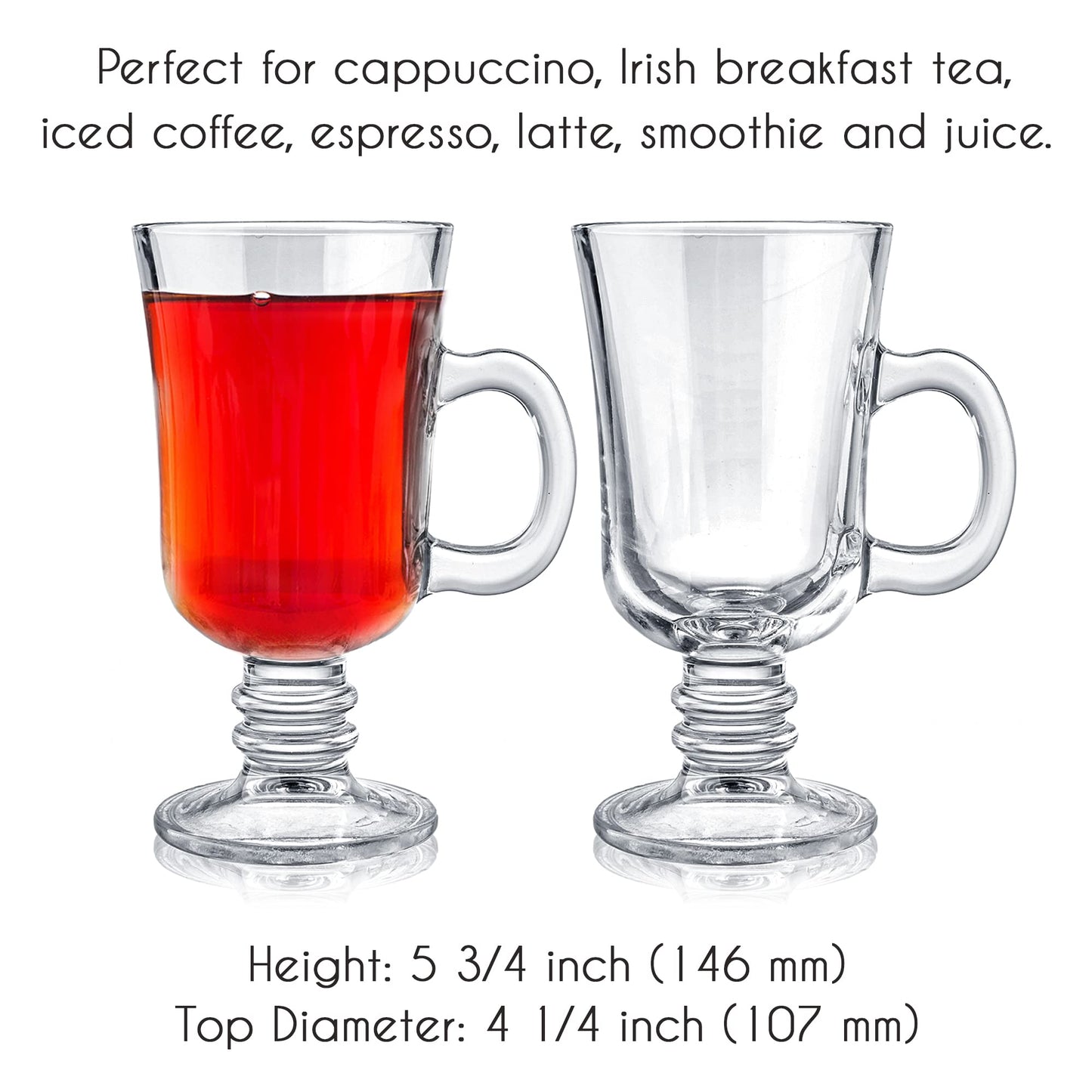 Volarium Irish Coffee Glass Mugs, Latte Cups, Set of 2 Cappuccino and Hot Chocolate Mugs with Handle, Clear Glass Mugs for Hot Beverages, 7 3/4 oz