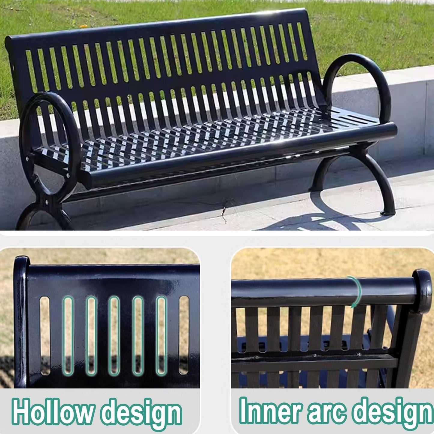 AoForce Metal Garden Benches for Outdoors 120 * 61 * 83CM Park Chair Made of Galvanized Steel Pipe with Backrest and Armrests Modern Slatted Design for Patio