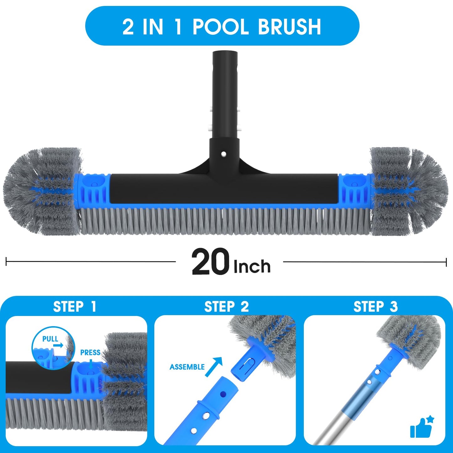 TidyMister 20'' 2 in 1 Pool Brush Head Cobweb Duster Heavy Duty Pool Cleaning Detachable Round Brush with EZ Clip & Wavy Nylon Bristles for Inground Pool & Above-Ground Pool (Without Pole)