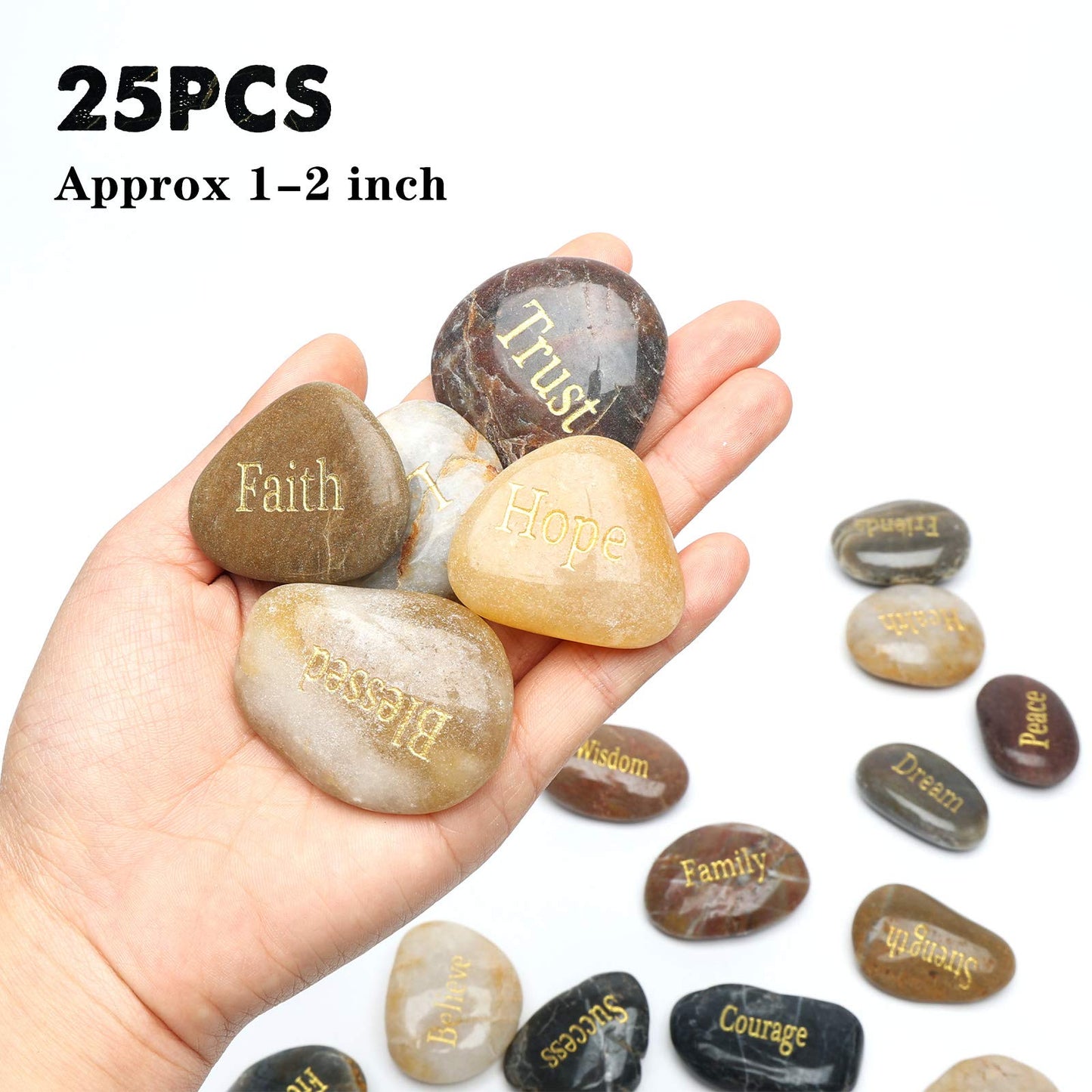 BigOtters Engraved Inspirational Stones, 25 Different Words Encouragement Stones Amulets Gift Stones for Friends and Family as Meditation Decorations Birthday or Holiday Graduation Gift