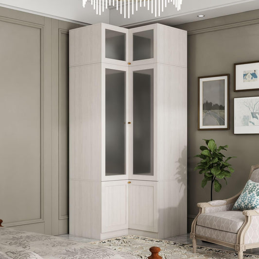 TAMUNE L-Shape Wardrobe Armoire Closet with Hanging Rod & Shelf, Bedroom Armoire with Frosted Glass Doors, Top Cabinets & Gold Knobs, Wood Grain, 35.4”D x 35.4”W x 86.6”H