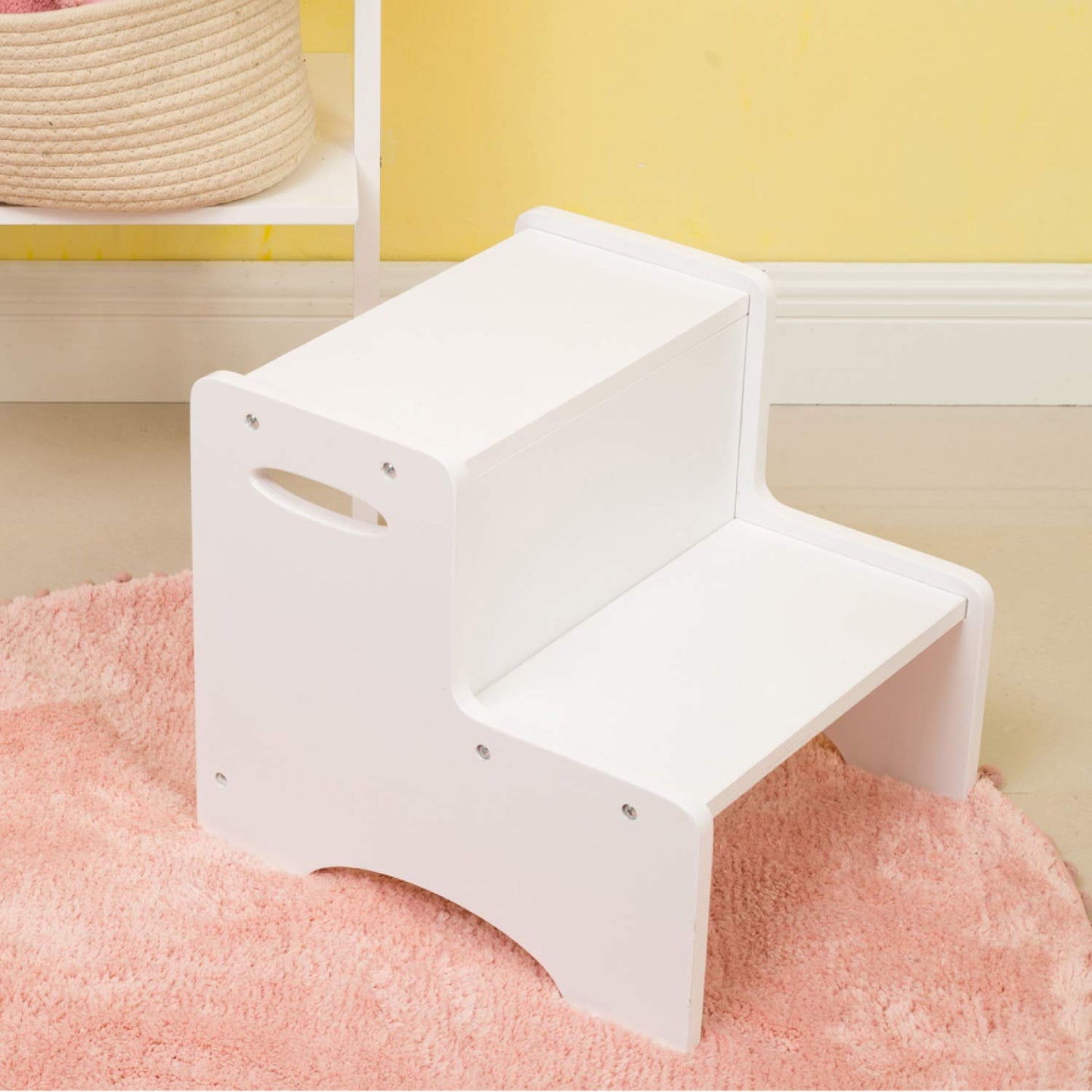 WOOD CITY Wooden Toddler Step Stool for Kids, White Two Step Children's Potty Stool with Handles, Bonus Non-Slip Pads for Safety, Bathroom & Kitchen, Dual Height