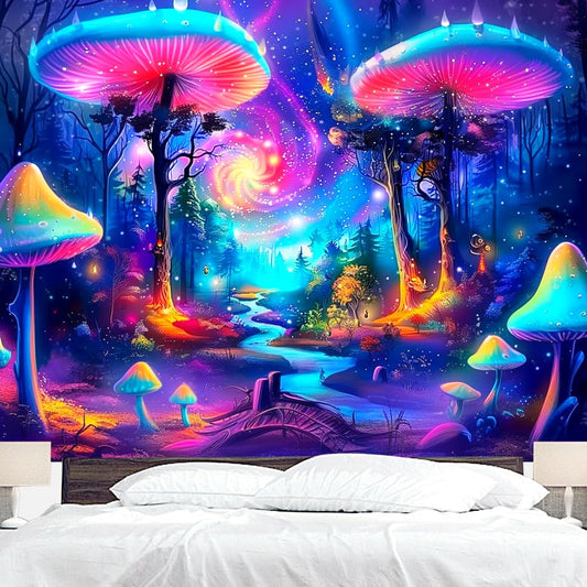 BJYHIYH Extra Large Blacklight Tapestry Wall Hanging Galaxy Mushroom Tapestries Fantasy Forest Tapestry for Bedroom Living Room Decor(90"×70")