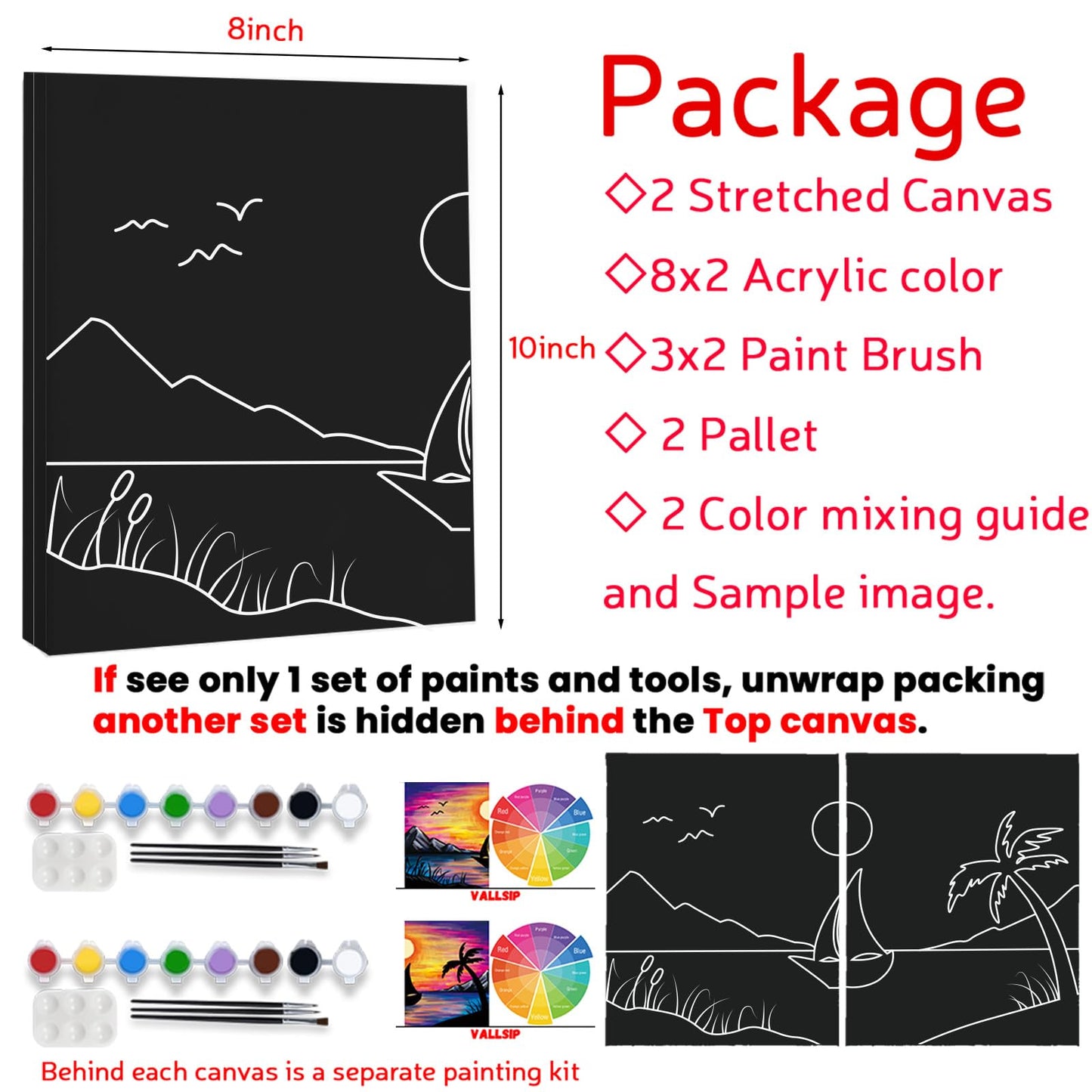 VALLSIP 2 Pack Paint and Sip Black Canvas Painting Kit Pre Drawn Canvas for Painting for adults Stretched Canvas Couples Games Date Night Afro Lion King Queen Anniversary Gifts Couple Paint Party