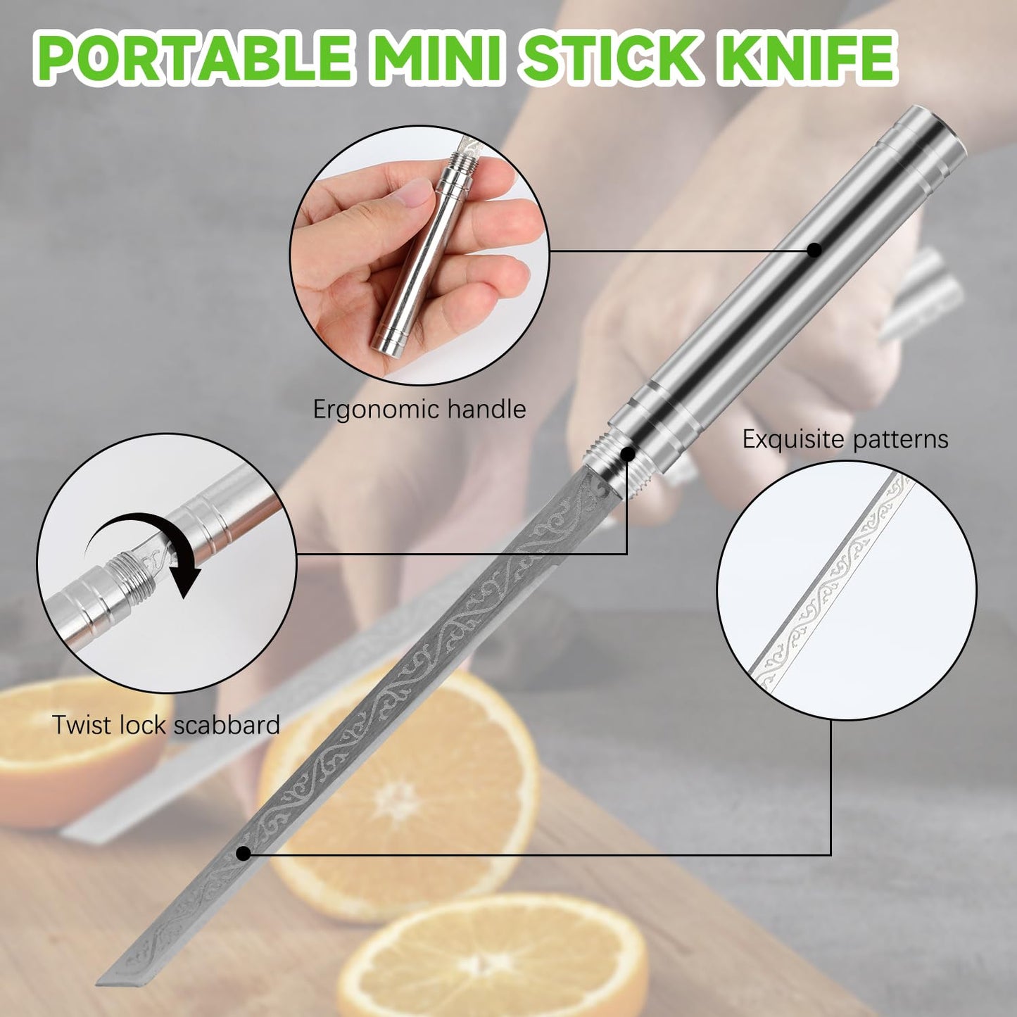 deterlect 2Pcs Multipurpose Outdoor Portable Fruit Knife with Sheath, All Steel Stick Shaped Fruit Knife, Cuchillo Multiusos Para Fruta Portátil Para Exteriores Con Funda