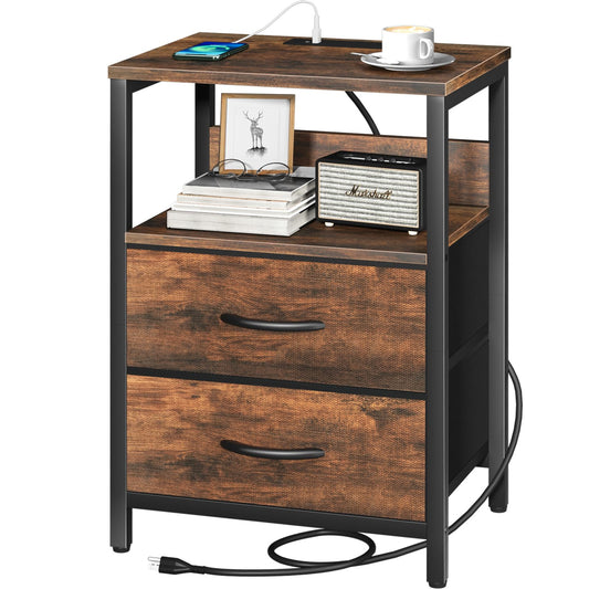 Yoobure Nightstand with Charging Station, Small Night Stand with Fabric Drawers and Storage Shelf for Bedrooms, Small Spaces, Bedside Table with USB Ports & Outlets