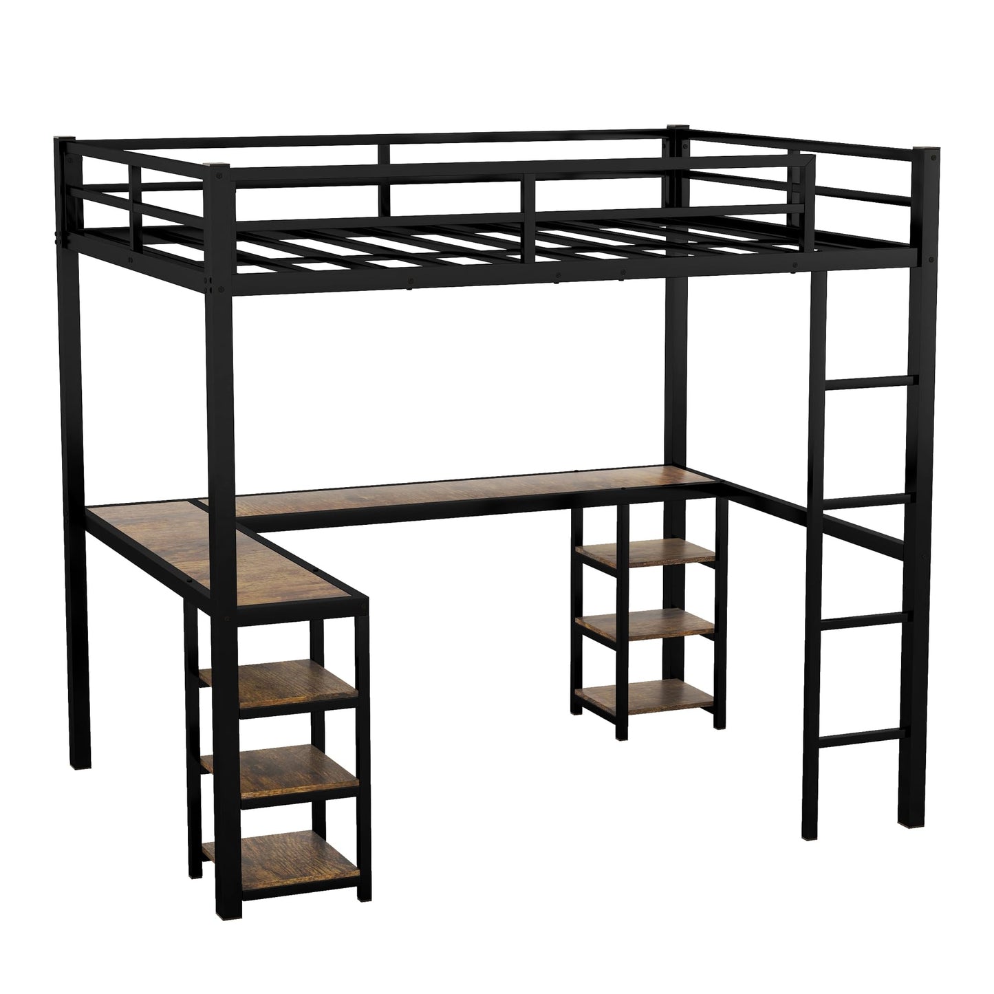 Twin XL Loft Bed with Desk and Storage Shelves, Heavy Duty Loft Bed with Black Desk, Ladder and Guardrail, Twin XL Loft Bed for Kids, Teens(Twin XL Black)