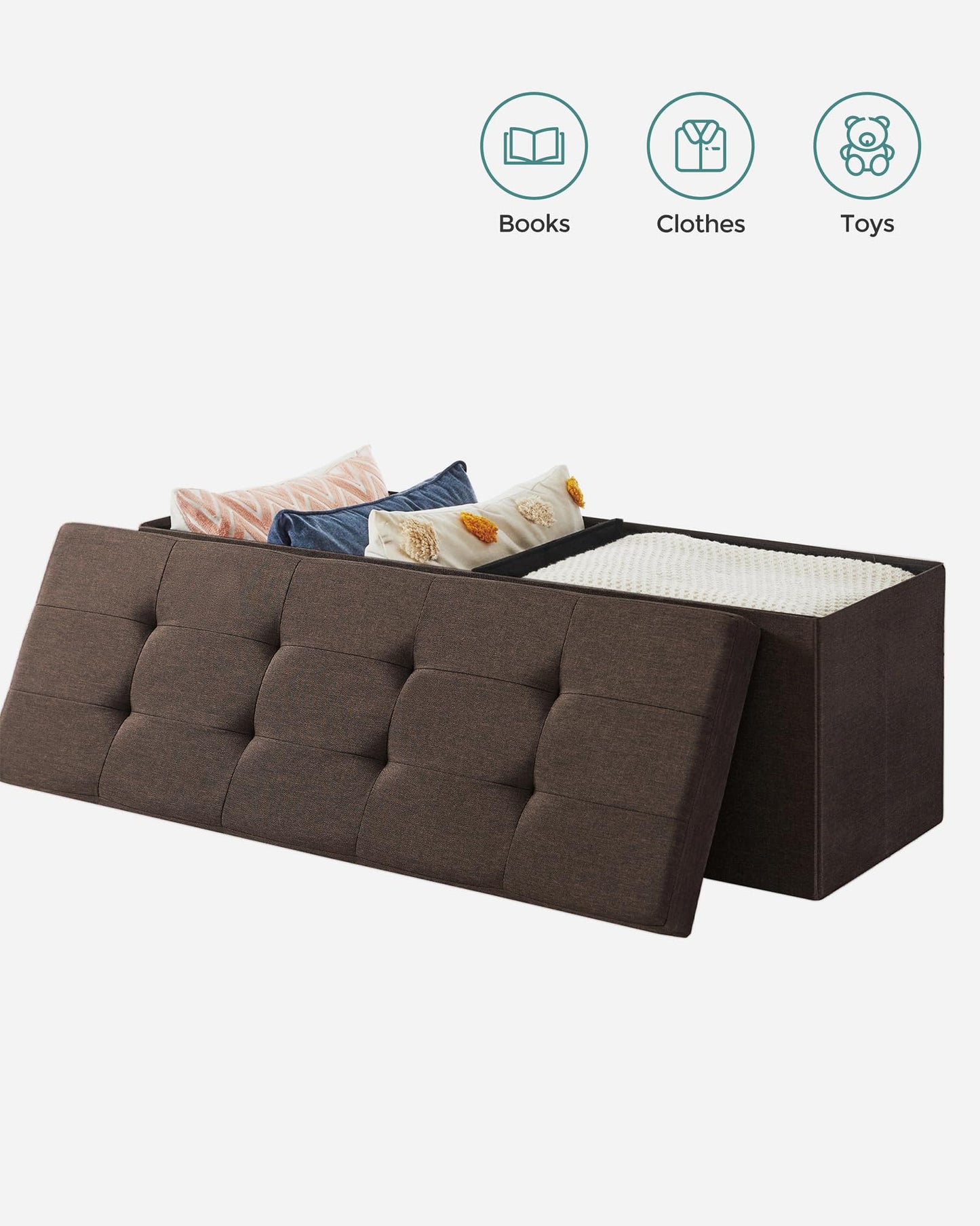 SONGMICS Storage Ottoman Bench, Foldable Ottoman Foot Rest, 15 x 43 x 15 Inches, End of Bed Bench, Storage Chest, Load up to 660 lb, for Living Room, Bedroom, Entryway, Chestnut Brown ULSF77BR