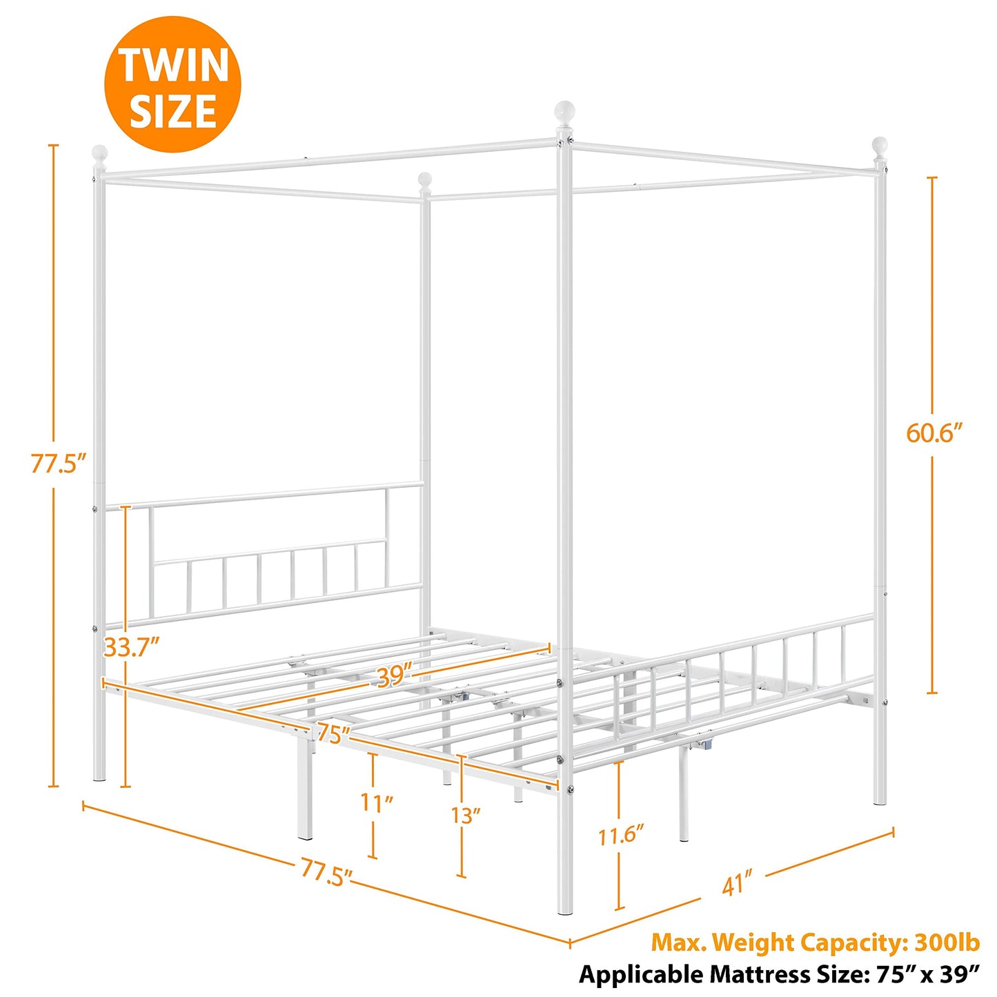 Topeakmart White Four-Poster Canopy Metal Bed Frame with Headboard and Footboard Sturdy Slatted Structure No Box Spring Needed Twin Size