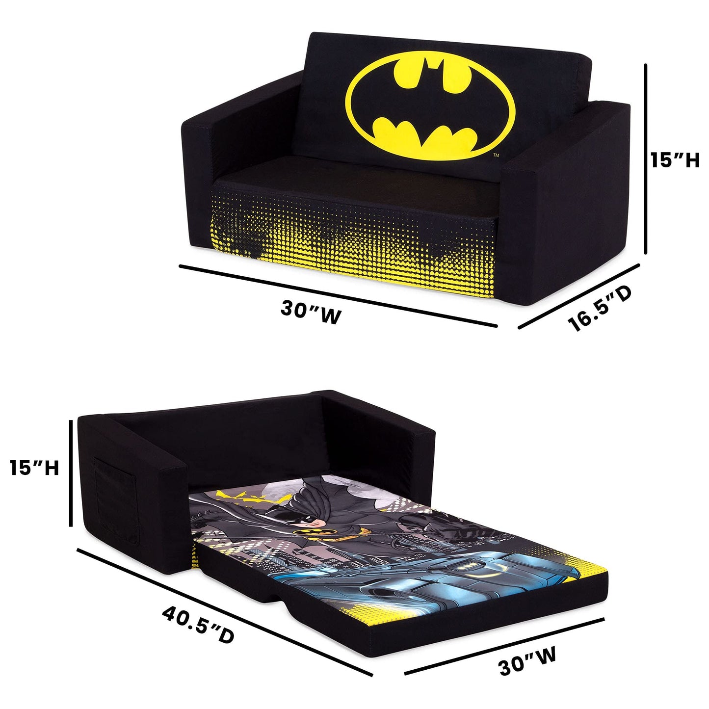 Batman Cozee Flip-Out Sofa - 2-in-1 Convertible Sofa to Lounger for Kids by Delta Children