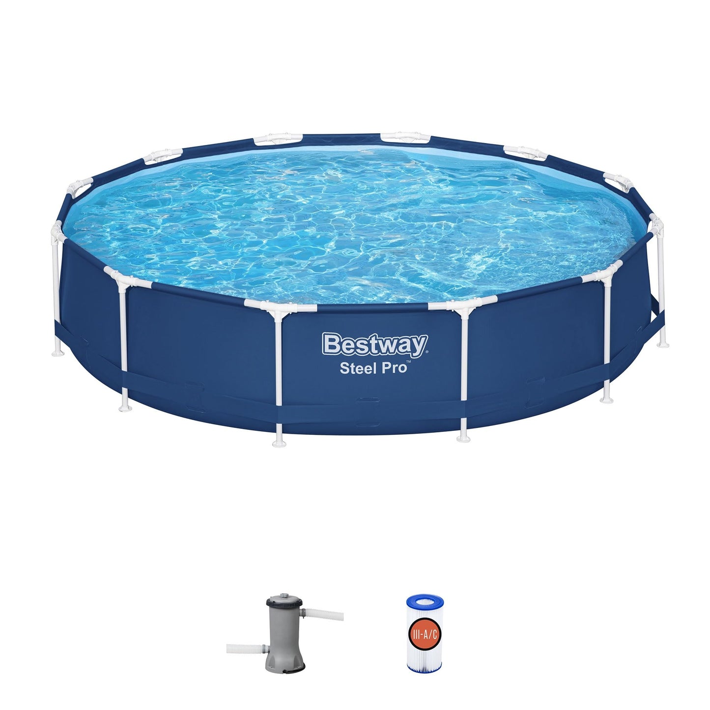 Bestway Steel Pro 12 feet x 30 inches Round Above Ground 1,710 Gallon Pool Set with DuraPlus Liner, 530 Gallon Pool Filter, and Repair Patch