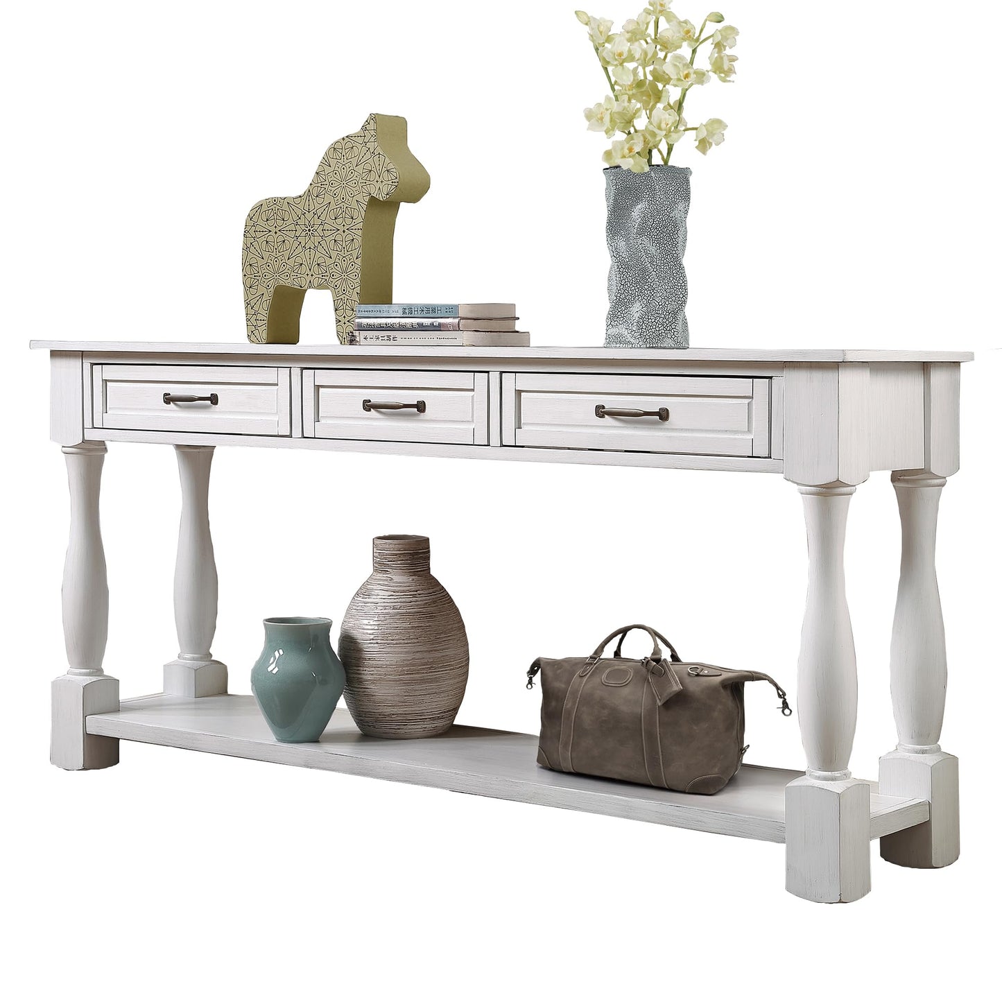 LKTART Solid Wood Console Table Sofa Table Entryway Table with 3 Drawers and 1 Bottom Shelf for Storage Entry Hallway Foyer Sofa (63" Antique White)