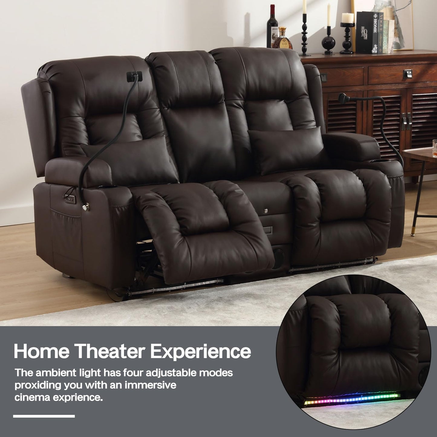 URRED Power Loveseat Recliner Sofa, PU Leather Home Theater Seating with LED Ambient Light, Double Recliner RV Sofa with Flipped Middle Backrest/Bluetooth Speakers/USB/Built-in Outlets, Brown