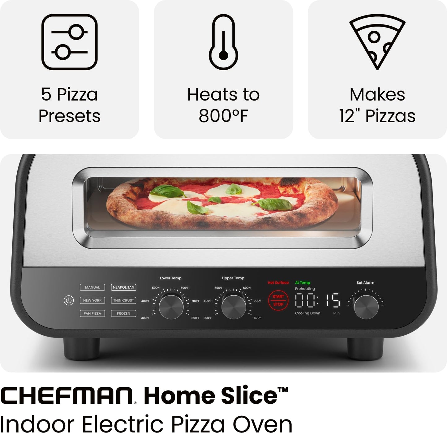CHEFMAN Indoor Pizza Oven - Makes 12 Inch Pizzas in Minutes, Heats up to 800°F - Countertop Electric Pizza Maker with 5 Touchscreen Presets, Pizza Stone and Peel Included - Stainless Steel