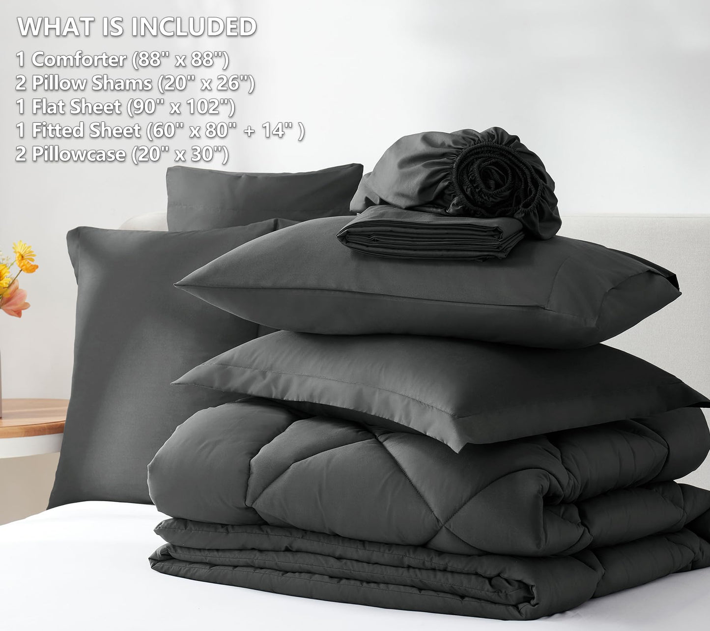 CozyLux Queen Bed in a Bag 7-Pieces Comforter Sets with Comforter and Sheets Dark Grey All Season Bedding Sets with Comforter, Pillow Shams, Flat Sheet, Fitted Sheet and Pillowcases