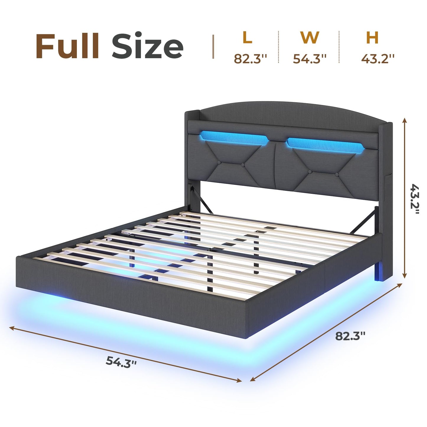 ADORNEVE Full Size Floating Bed Frame with RGB LED Lights and Charging Station, Upholstered Platform Bed Frame with Storage Shelf Headboard, Solid Wood Slats, Noise Free, Easy Assembly, Dark Grey