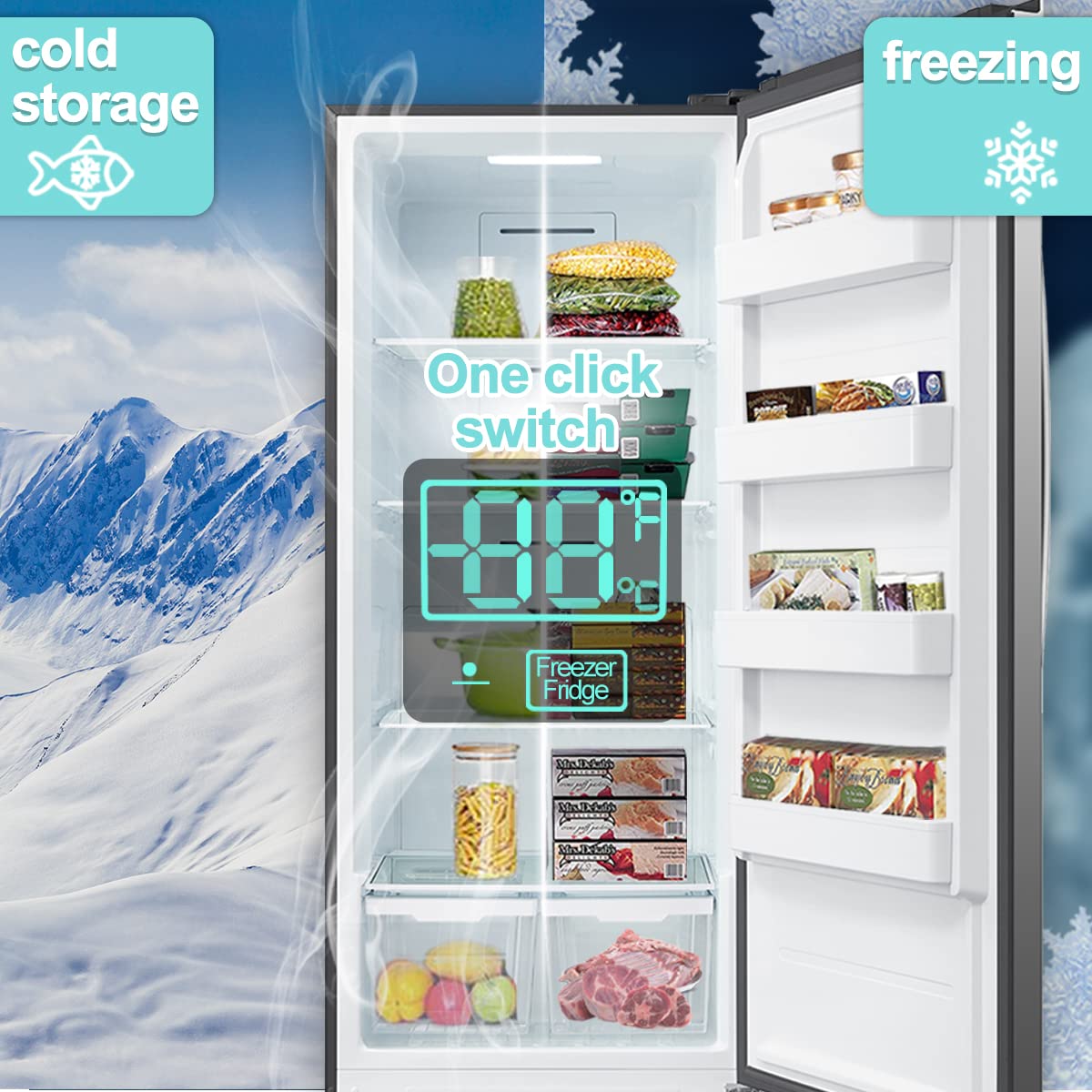 SMETA Upright Freezer Convertible Refrigerator|Freezers Garage Ready Standup Frost-Free Fridge Deep Freezer 18 Cuft Full Size with Tempered Glass Shelves SS