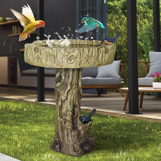 SKYFIRE 24.4” H Fibre Reinforced Concrete Outdoor Garden Bird Bath with Birds, Woodland Tree Trunk Decoration Yard Statue，Pedestal Birdbaths for Outdoors, Garden, Patio, Lawn, Backyard