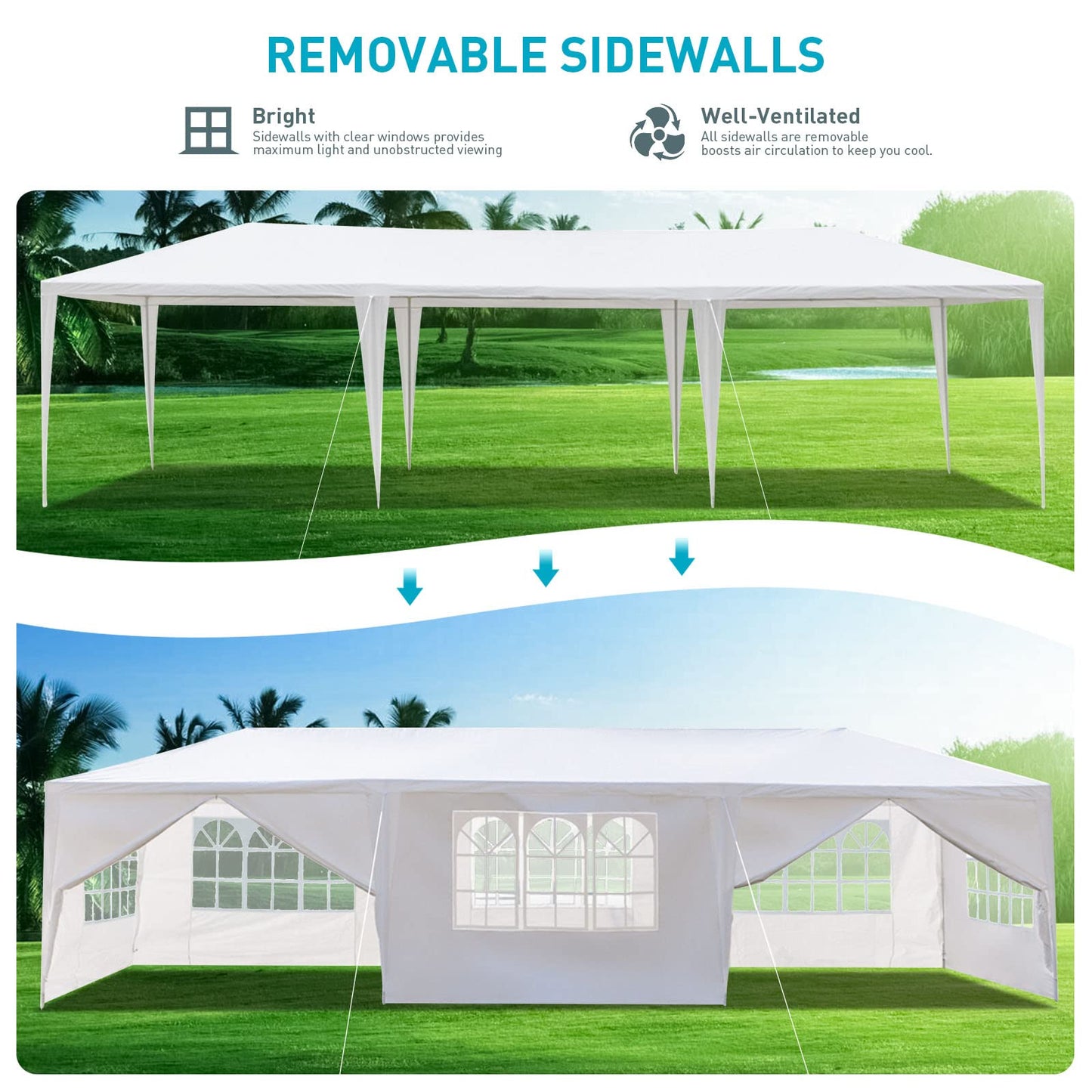 10x30 Party Tent, Outdoor White Tents for Parties, Wedding, Birthday, Large Canopy Tent with 8 Removable Sidewalls (2 Zipper Door), Outside Big Event Tent for Backyard, Garden