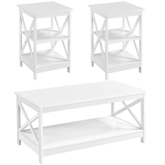 Yaheetech 3 Piece Living Room Wood Table Set, X-Design Coffee Table with Shelf & 2 x 3-Tier End Side Tables Storage Cabinet for Living Room, Accent Furniture, White