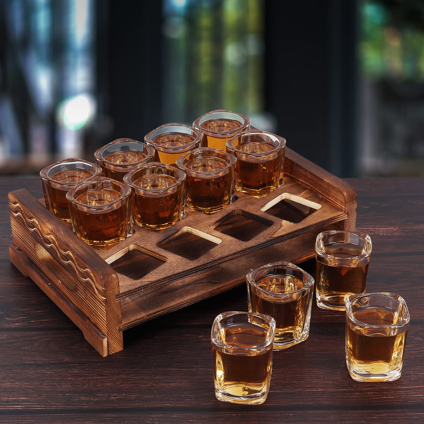 Vivimee Shot Glass Holder Set with 12 Clear 2.3 oz Square Crystal Shot Glasses & Rustic Burnt Wood Serving Tray for Whiskey, Tequila, Liqueurs, Party & Collection