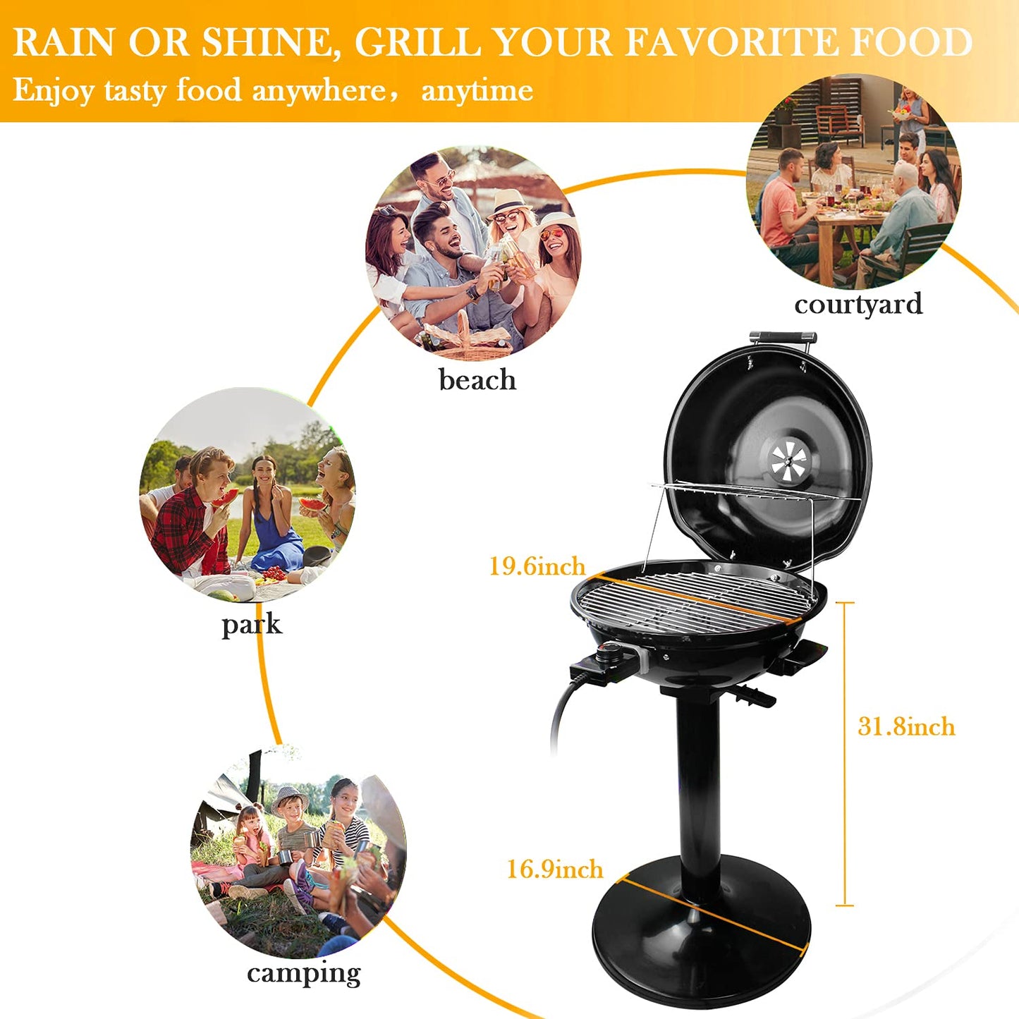 Electric BBQ Grill Techwood 15-Serving Indoor/Outdoor Electric Grill for Indoor & Outdoor Use, Double Layer Design, Portable Removable Stand Grill, 1600W (Stand Black BBQ Grills)