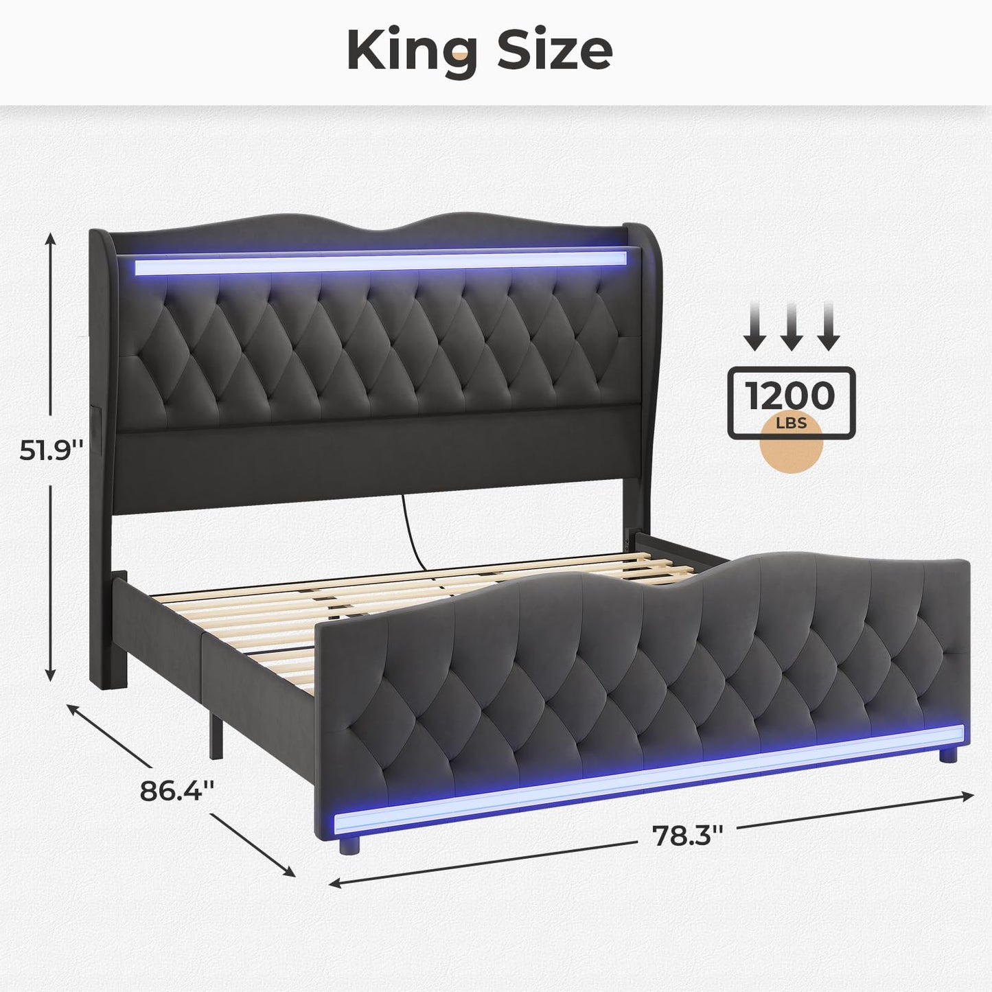 ADORNEVE King Bed Frame with LED Light and Charging Station, Velvet Upholstered Bed Frame King with High Headboard Storage, Deep Tufted Wingback Platform Bed, Solid Wood Slats, Dark Grey