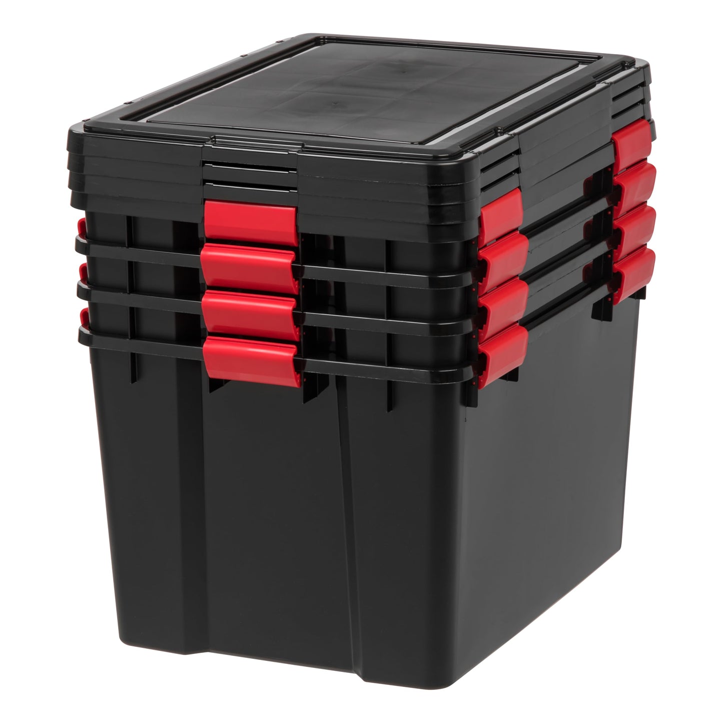 IRIS USA WeatherPro 74 Qt Storage Bins with Lids, 4 Pack, BPA-Free Plastic Gasket Box with Tight Latch and Seal, Stackable Nestable Tote Tub - Black/Red