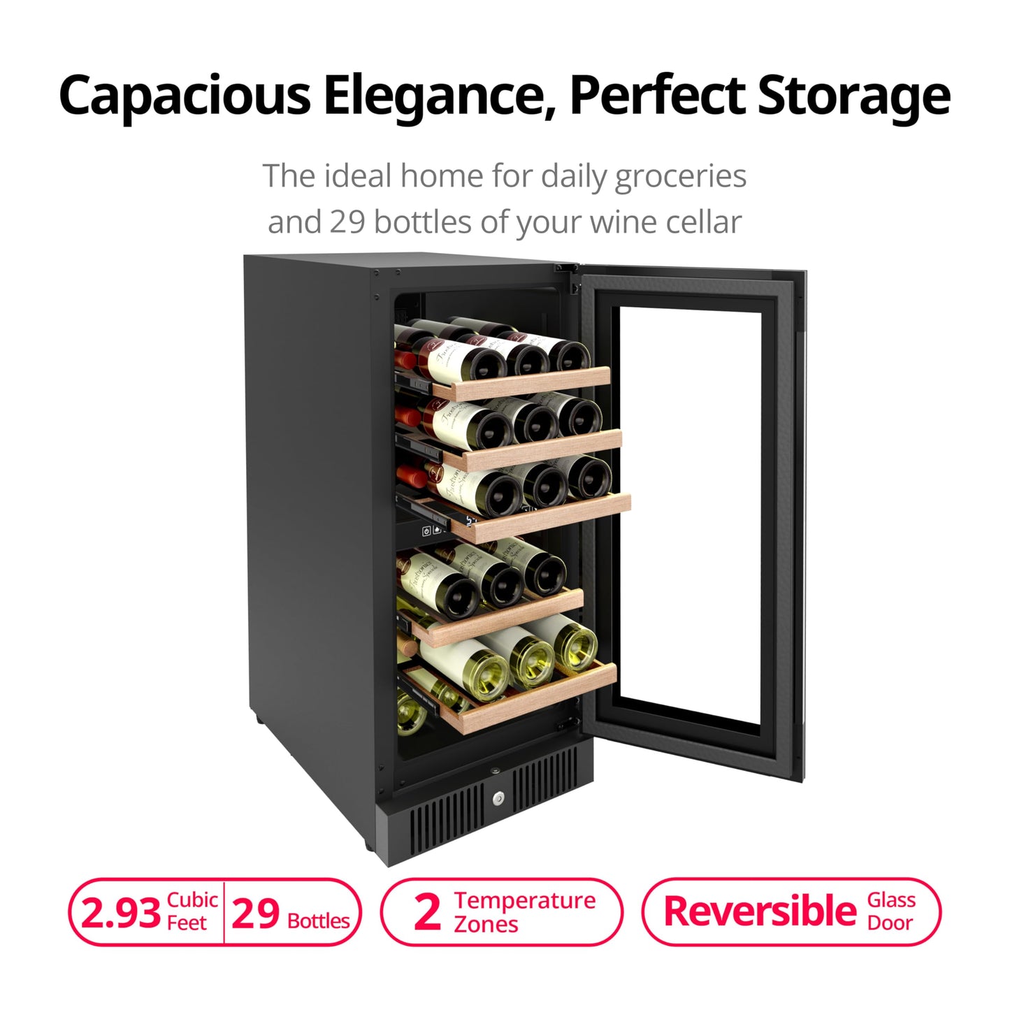 Frostronics 15 Inch Dual Zone Wine Refrigerator, 29 Bottles Under Counter Built-In or Freestanding Wine Cellar, Wine Cooler with Quiet Compressor Cooling and Reversible Glass Door, Fits Large Bottle