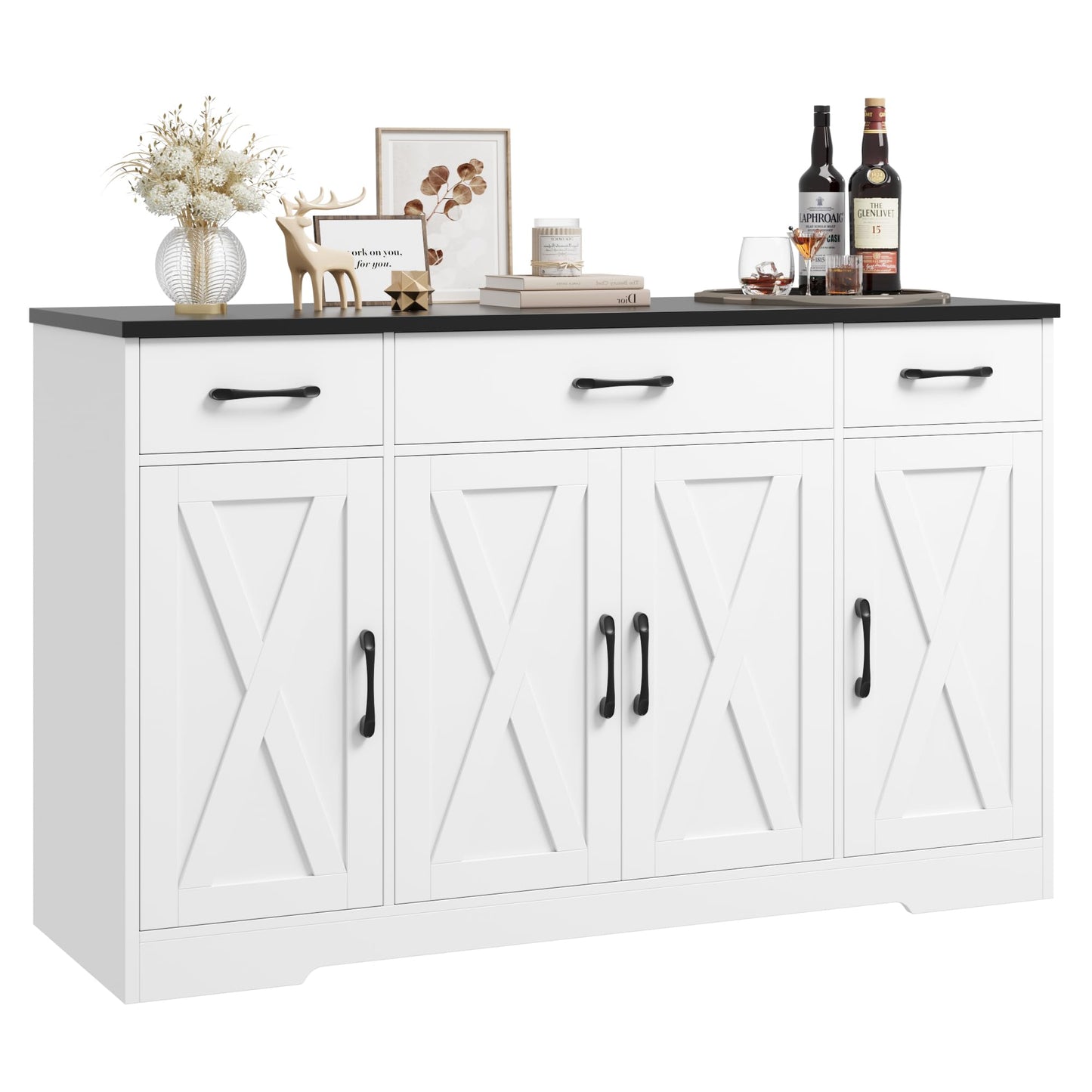 HOSTACK Buffet Sideboard Cabinet with Drawers, 55" Large Buffet Storage Cabinet with Shelves and Doors, Modern Farmhouse Coffee Bar Cabinet Wood Buffet Table for Kitchen, Dining Room, White/Black