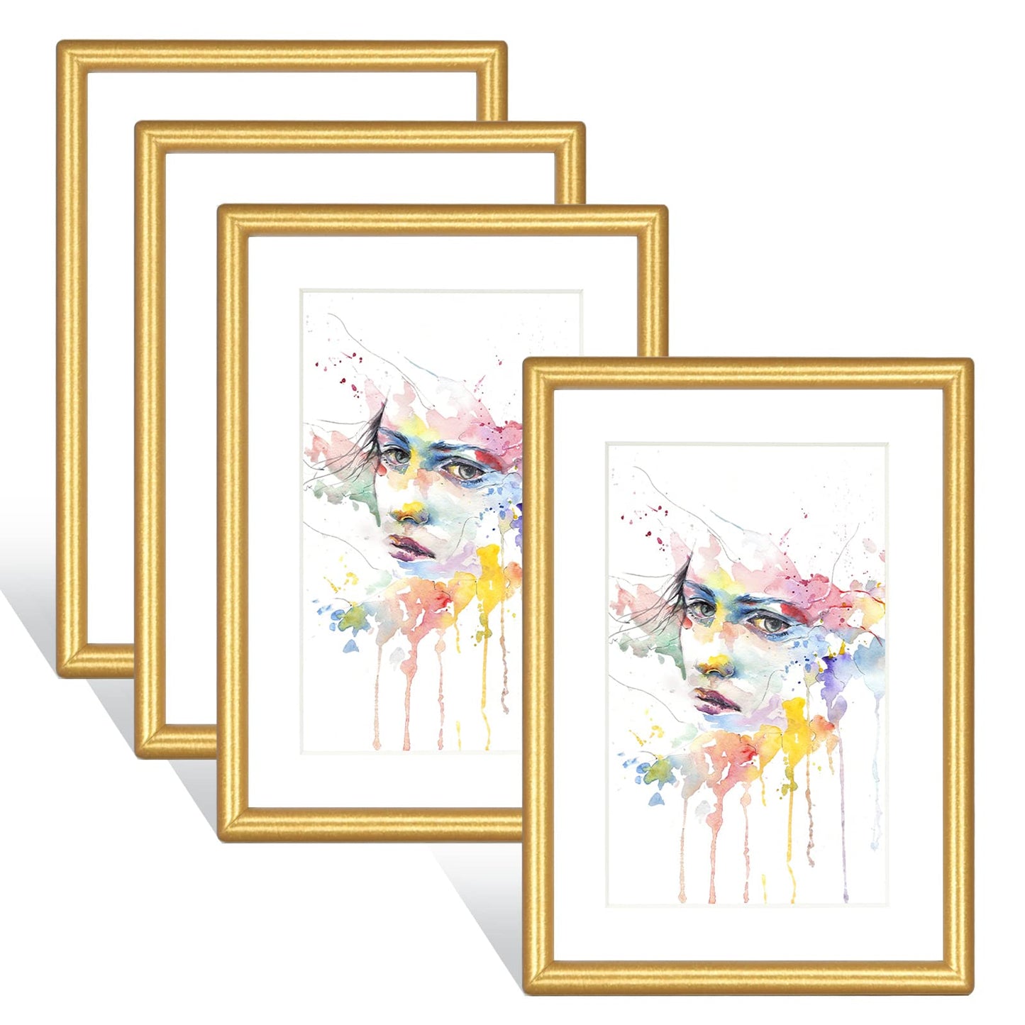 Fkvat 4x6 Picture Frames Set of 4, Gold Matte Thin Modern Metal, for Horizontal & Vertical Wall Hanging and Tabletop, Aluminum Floating Photo Frame, Display 3x5 with Mat or 4x6 without Mat (4 Pack)