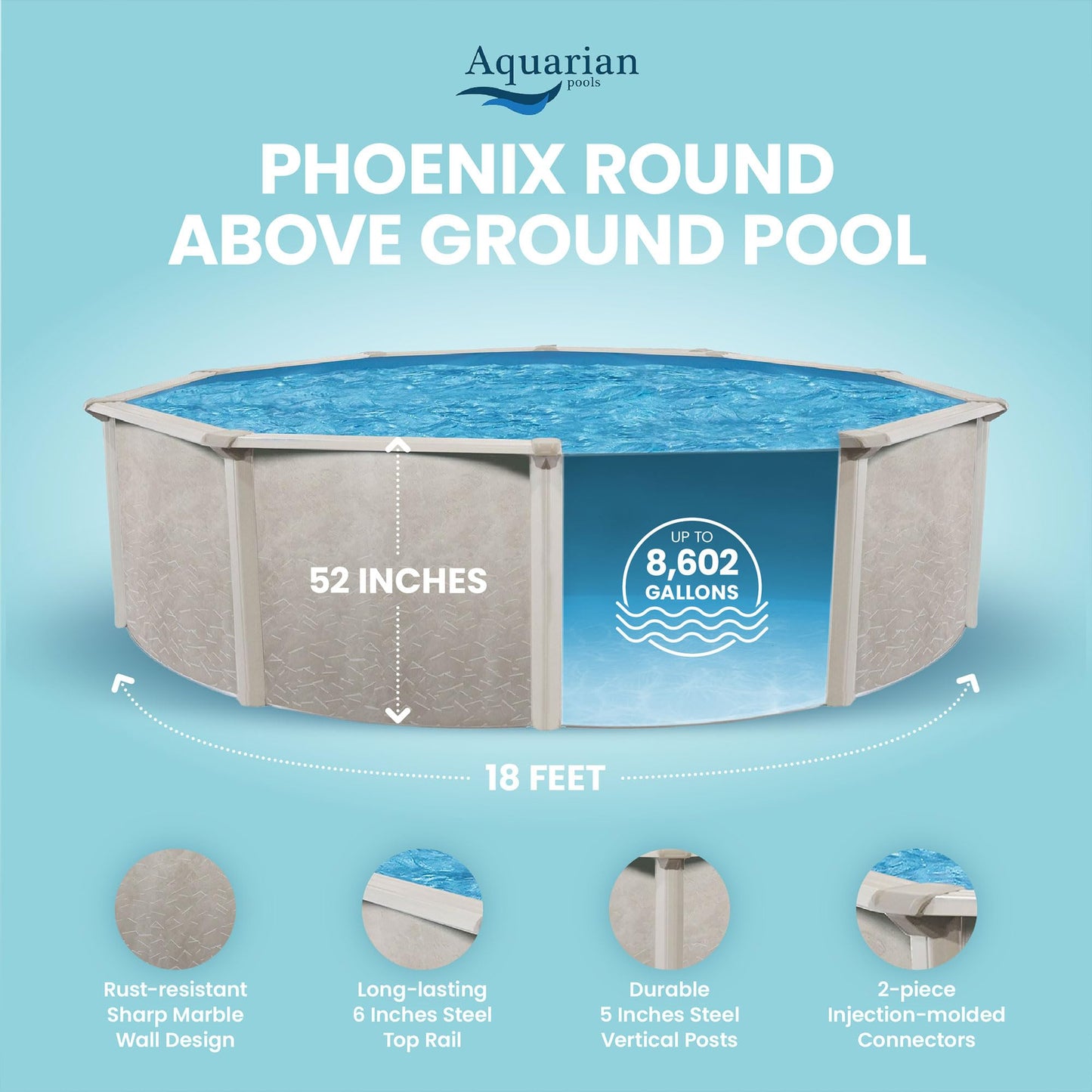 Aquarian Phoenix 18' x 52" Steel Frame DIY Family Size Above-Ground Backyard Pool – Pool Only (Accessories Sold Separately)