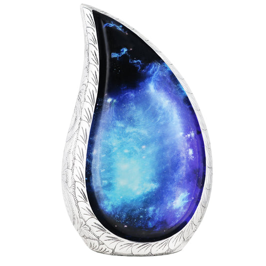 M MEILINXU Cosmic Galaxy Teardrop Urns, Funeral Cremation Urn for Human Ashes - Display at Home or in Niche at Columbarium, Engraved Urn for Adult Male & Female, Blue and Black - Metal Made Large Urn