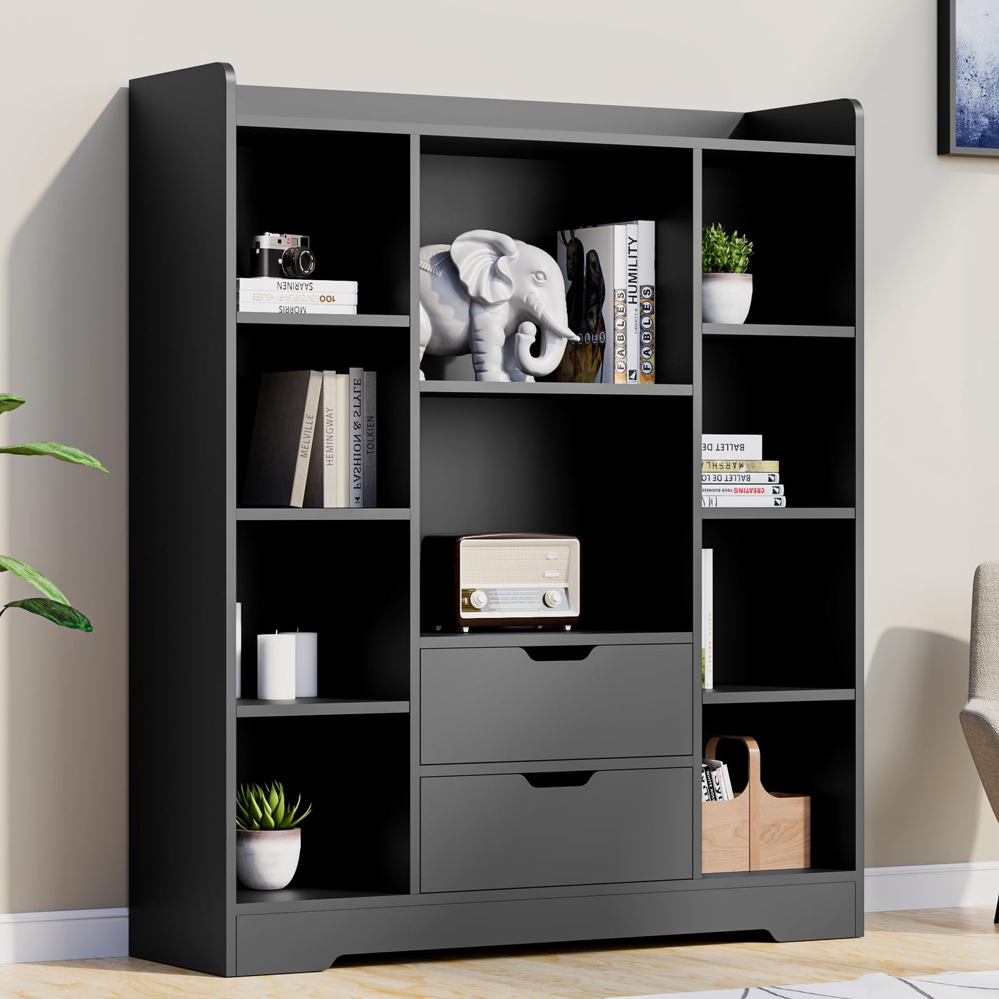 Cozy Castle Black Bookshelf, 4-Tier Open Shelf Bookcase with 2 Drawers and 10 Cubes, Wood Cube Storage Organizer Shelf for Bedroom, Living Room, 39.4" W X 47.2" H