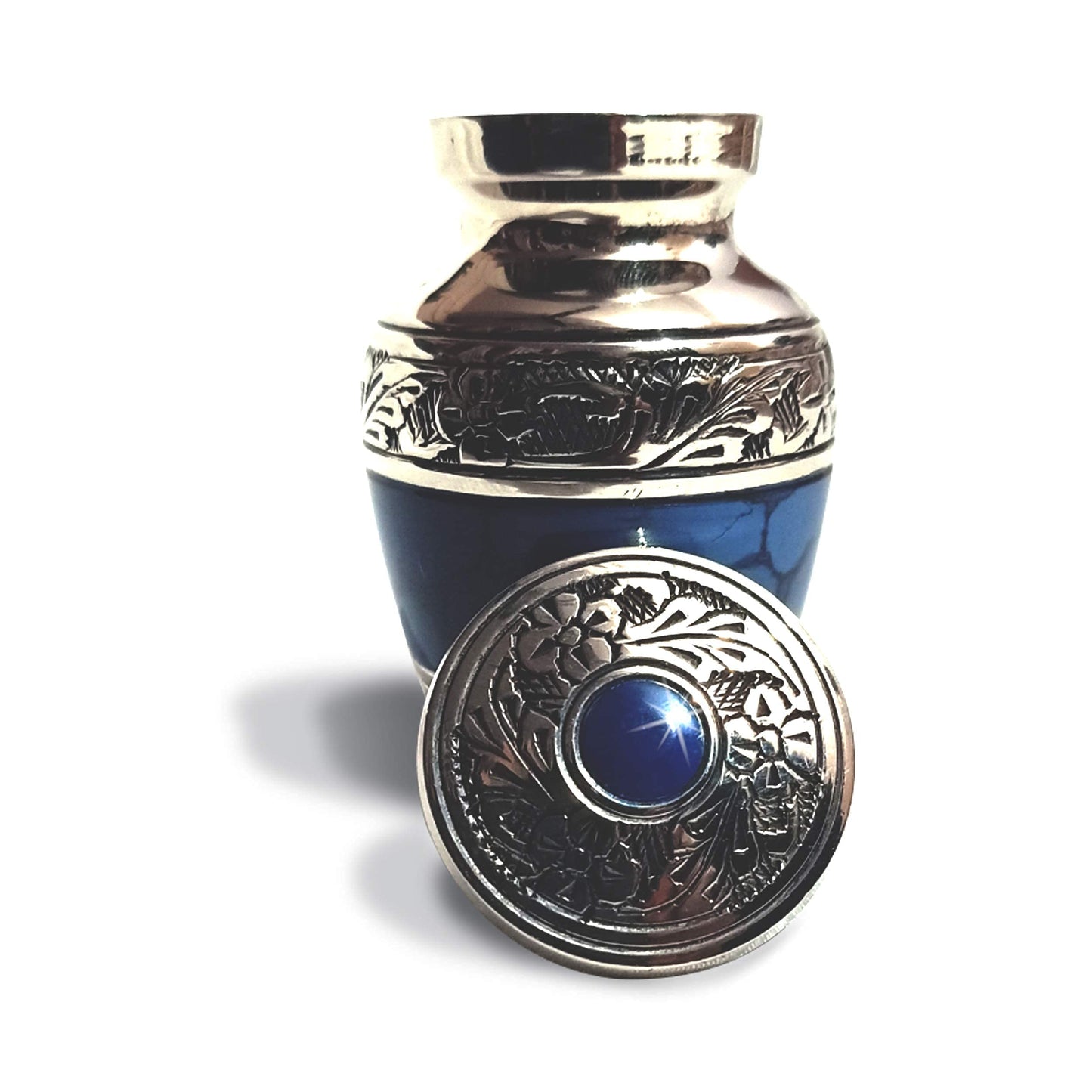 Small Keepsake Cremation Urns for Human Ashes with Velvet Heart Case and Funnel - Beautiful Peaceful Dark Blue Brass Hand Engraved Mini Memorial Urn