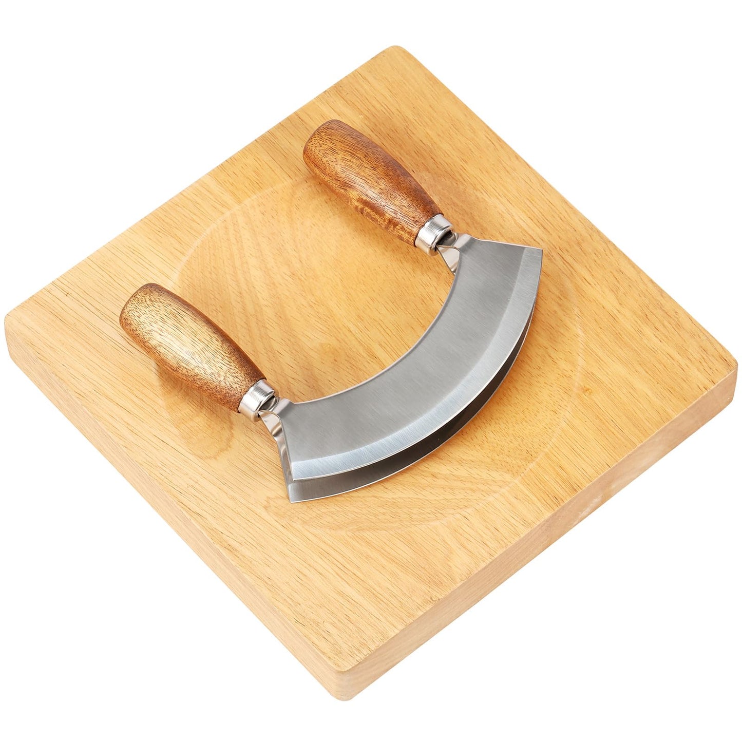 Stainless Steel Mezzaluna Knife with Square Cutting Board Stainless Steel Ulu Knife Curved Double Blade Rocker Knife with Double Wood Handles for Efficient Mincing Nuts and Veggies