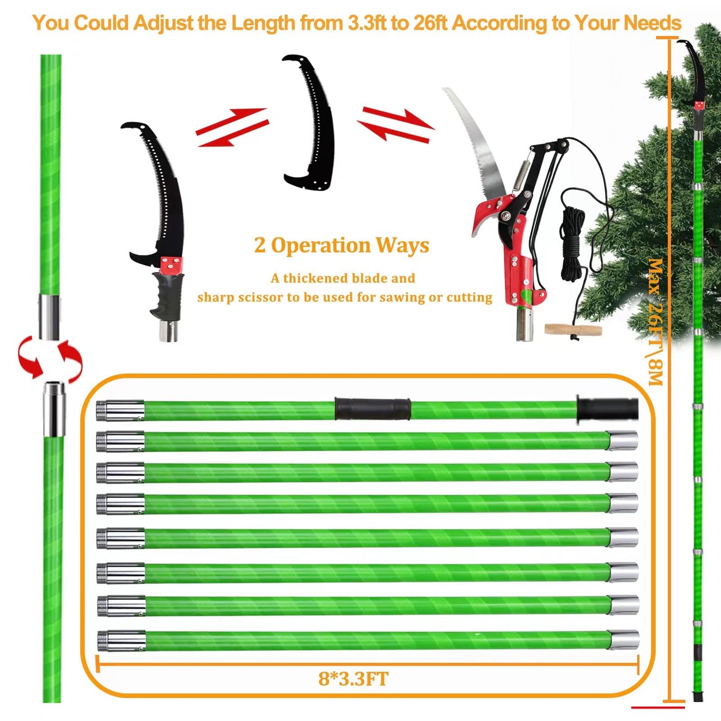 YTFLOT 2-32 Feet Pole Saws For Tree Trimming Manual Pole Saw Tree Trimmers Tree Pruner Extendable Tree Pole Saw Red