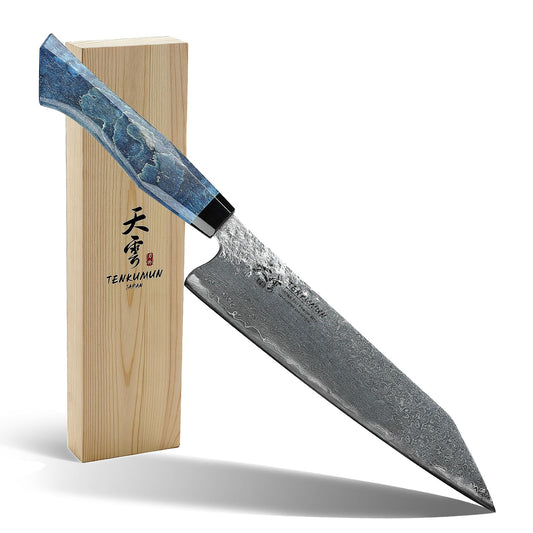 Tenkumun Japanese Gyutou 210mm Profession Santoku Handcrafted 8 inch Chef Knife Handmade Forged Knife Japan SG2 Powder Steel with Blue Wood Handle