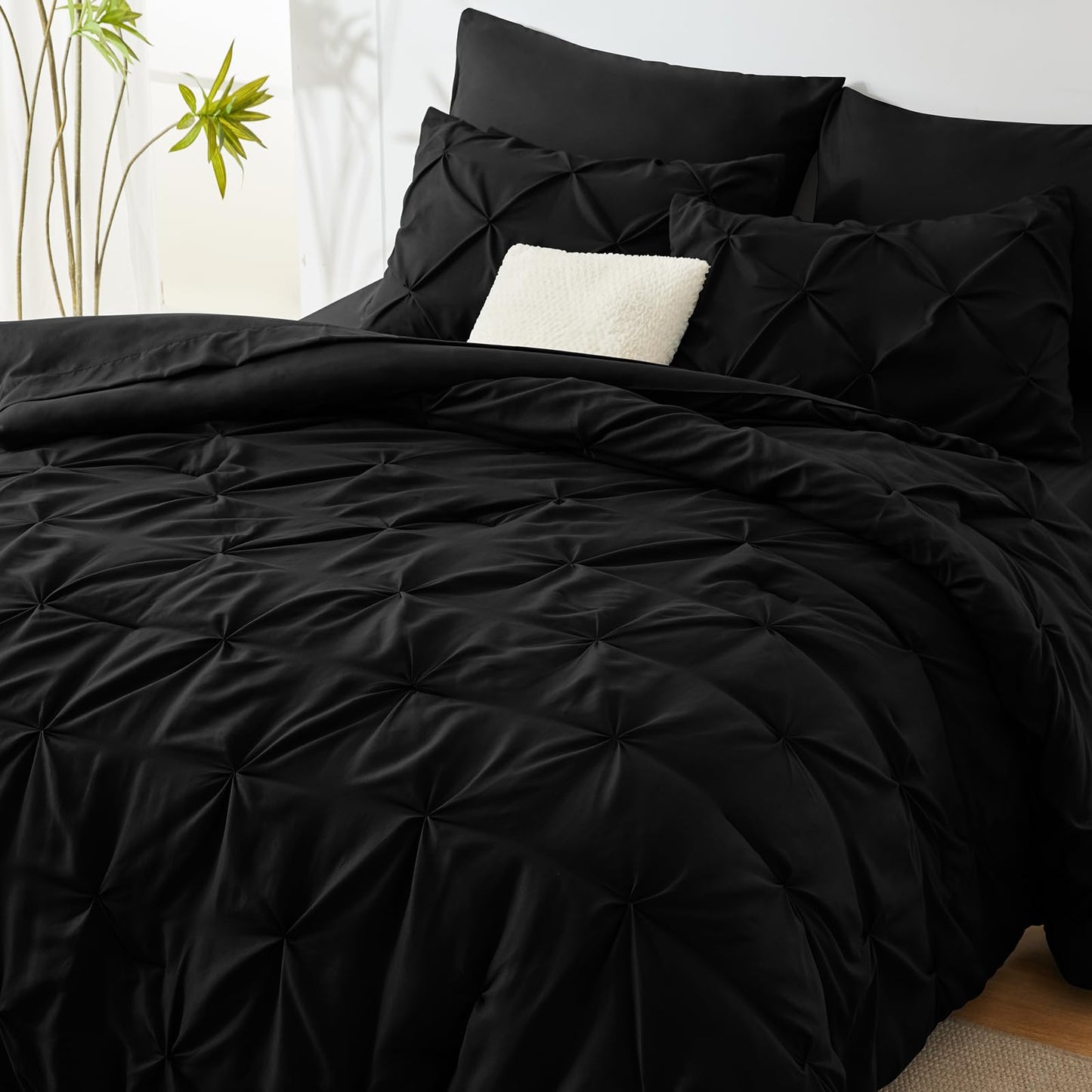 CozyLux Full Comforter Set - 7 Pieces Comforters Full Size Black, Pintuck Bed in A Bag Pinch Pleat Bedding Sets with All Season Comforter, Flat Sheet, Fitted Sheet and Pillowcases & Shams