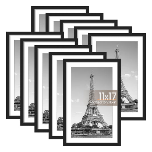 upsimples 11x17 Picture Frame Set of 10, Display Pictures 9x15 with Mat or 11x17 Without Mat, Multi Photo Frames Collage for Wall Display, Black