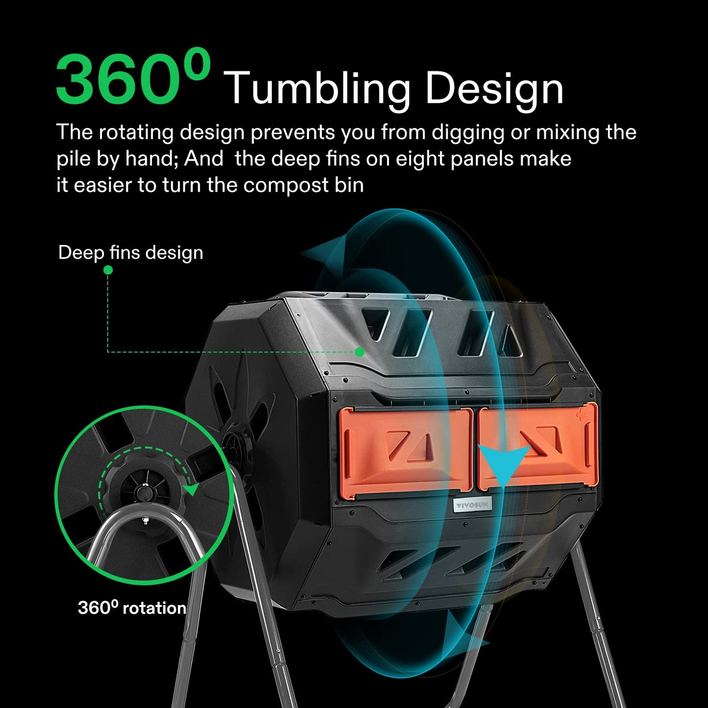 VIVOSUN Outdoor Tumbling Composter Dual Rotating Batch Compost Bin, 43 Gallon Orange Door