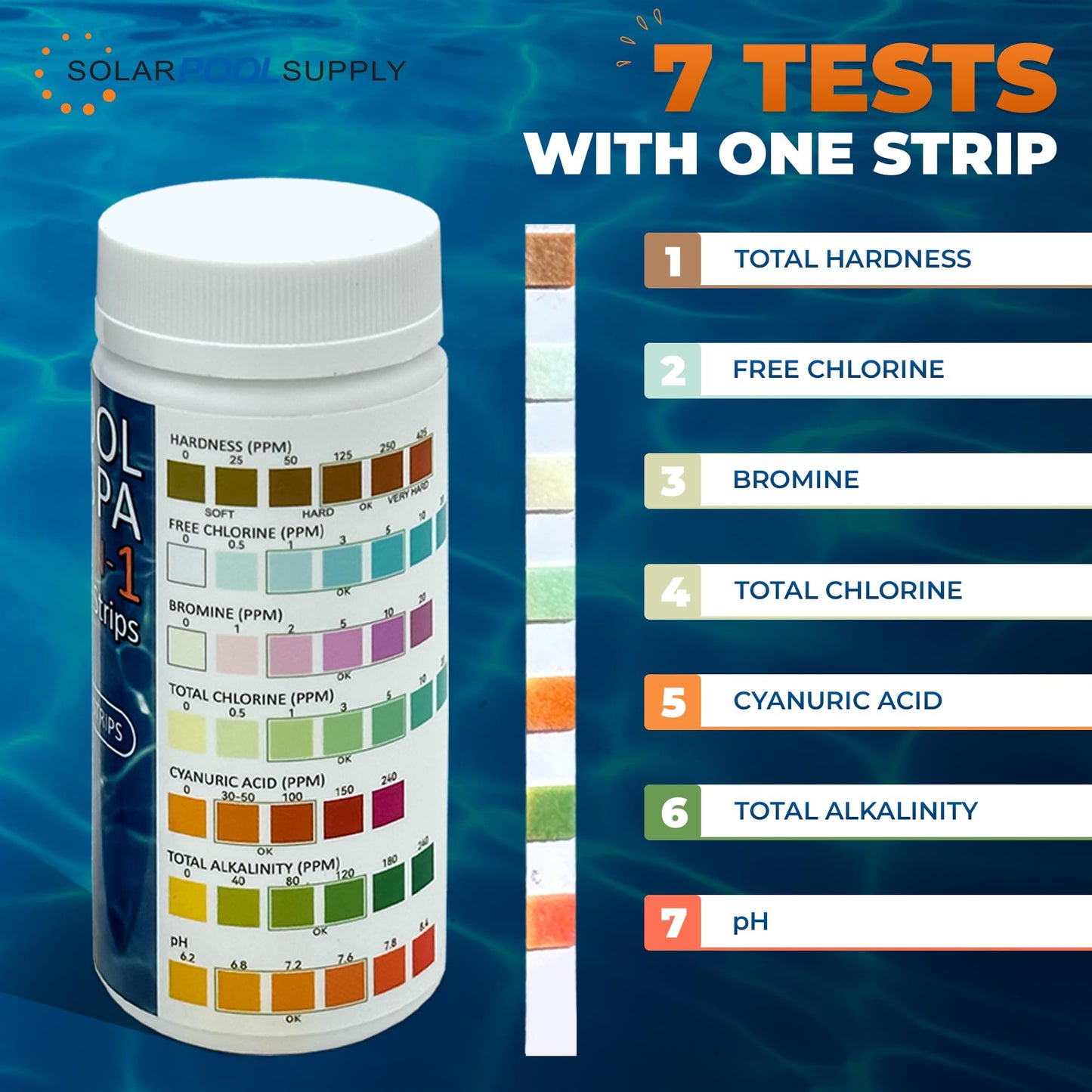 7-in-1 Pool Test Strips - 150 Pool Water Chemical Test Strips - Super Easy to Use - Results in Seconds - Great for Pools, Spas & More! Test pH, Chlorine, Alkalinity, Bromine, Hardness, Cyanuric Acid