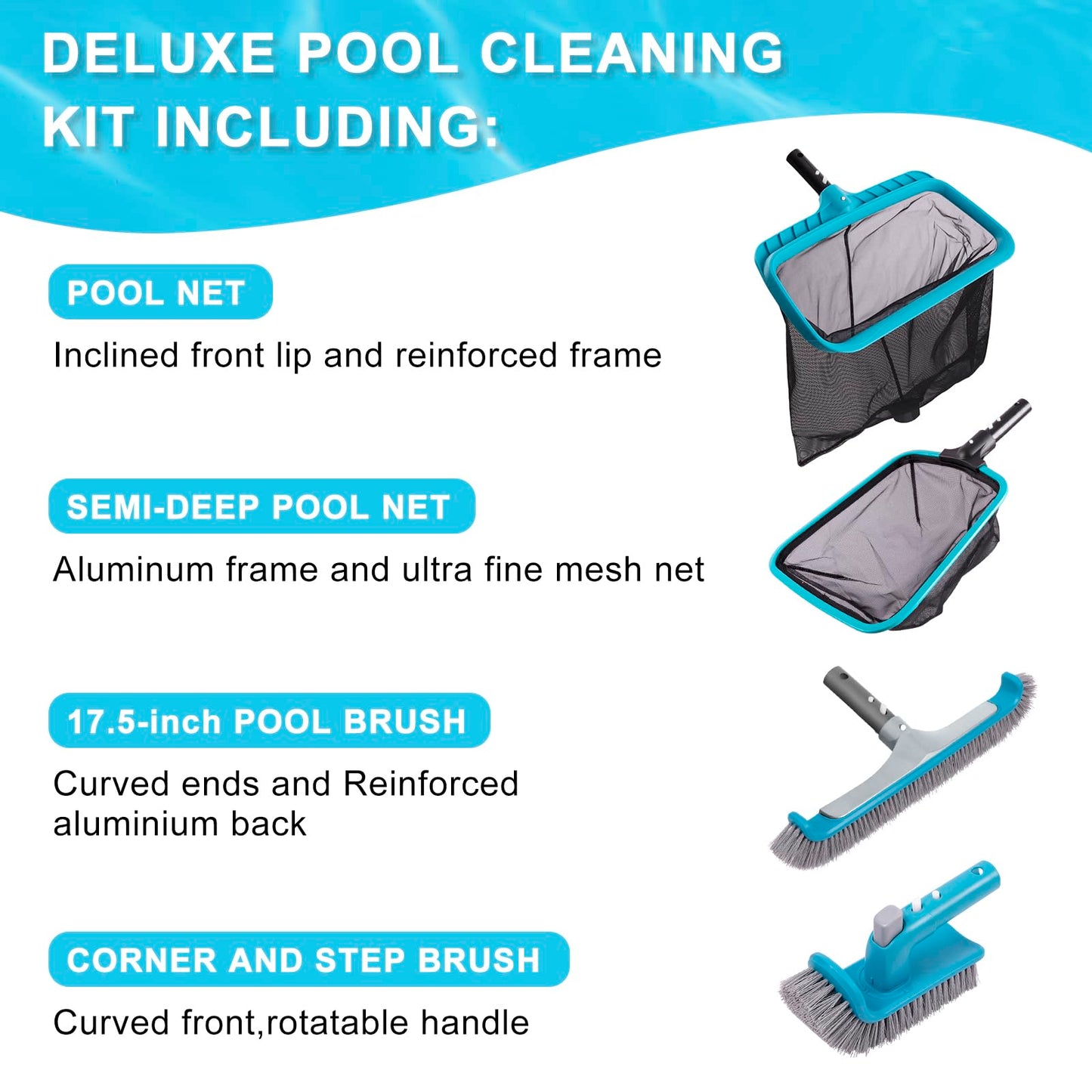 Sepetrel Deluxe Swimming Pool Cleaning Kit Including 2 Brush Heads, 2 Pool Skimmer Nets(NO Pole)