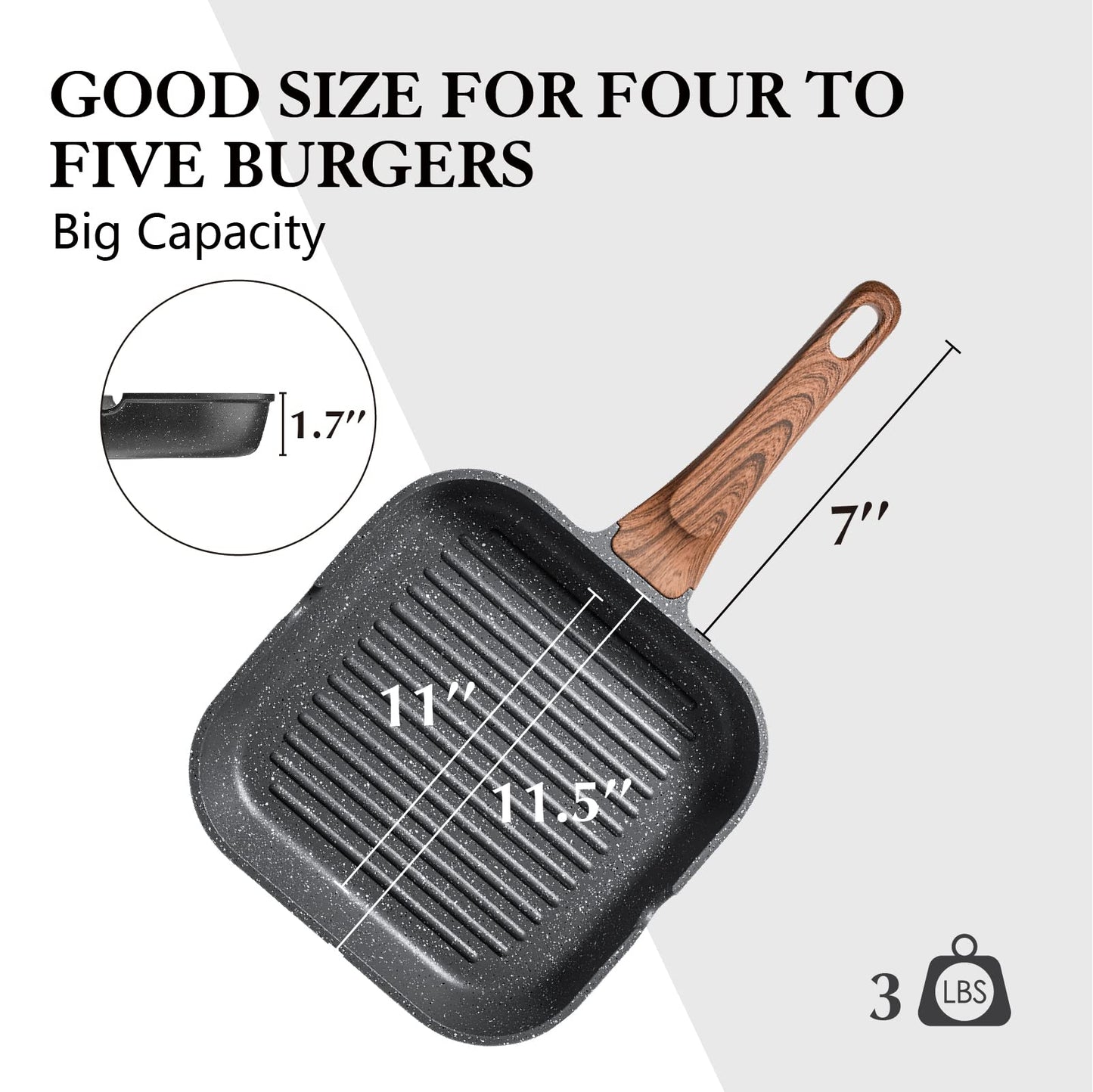 SENSARTE Nonstick Grill Pan for Stove Tops, Versatile Griddle Pan with Pour Spouts, Square Grill Pan for Big Cooking Surface, Durable Grill Skillet for Indoor & Outdoor Grilling. PFOA Free, 11 Inch