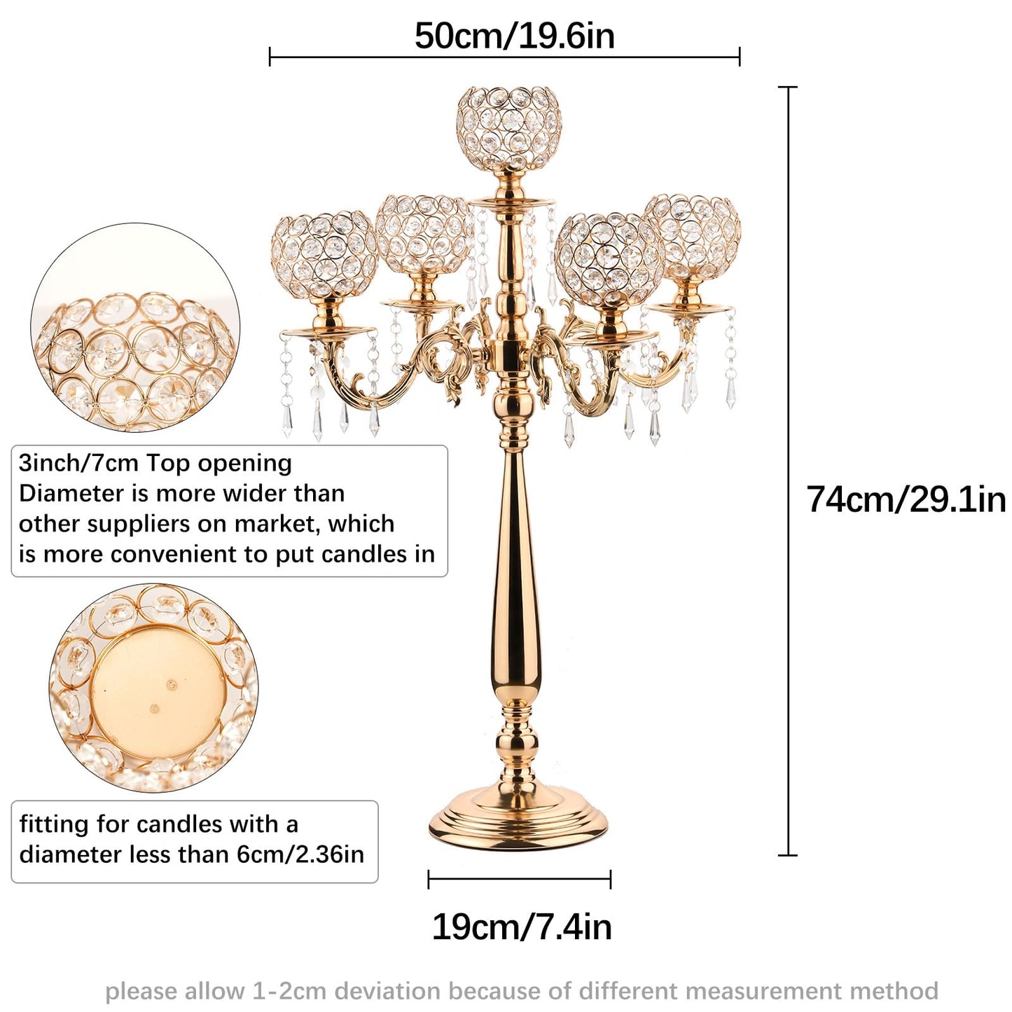 4 Packs 5 Arms Crystal Candelabra for Wedding Centerpiece, Gold Floor Candle Holder Set with Chandelier Crystal Beaded Anniversary Dinner Party Table Decoration candelabros de mesa Elegantes