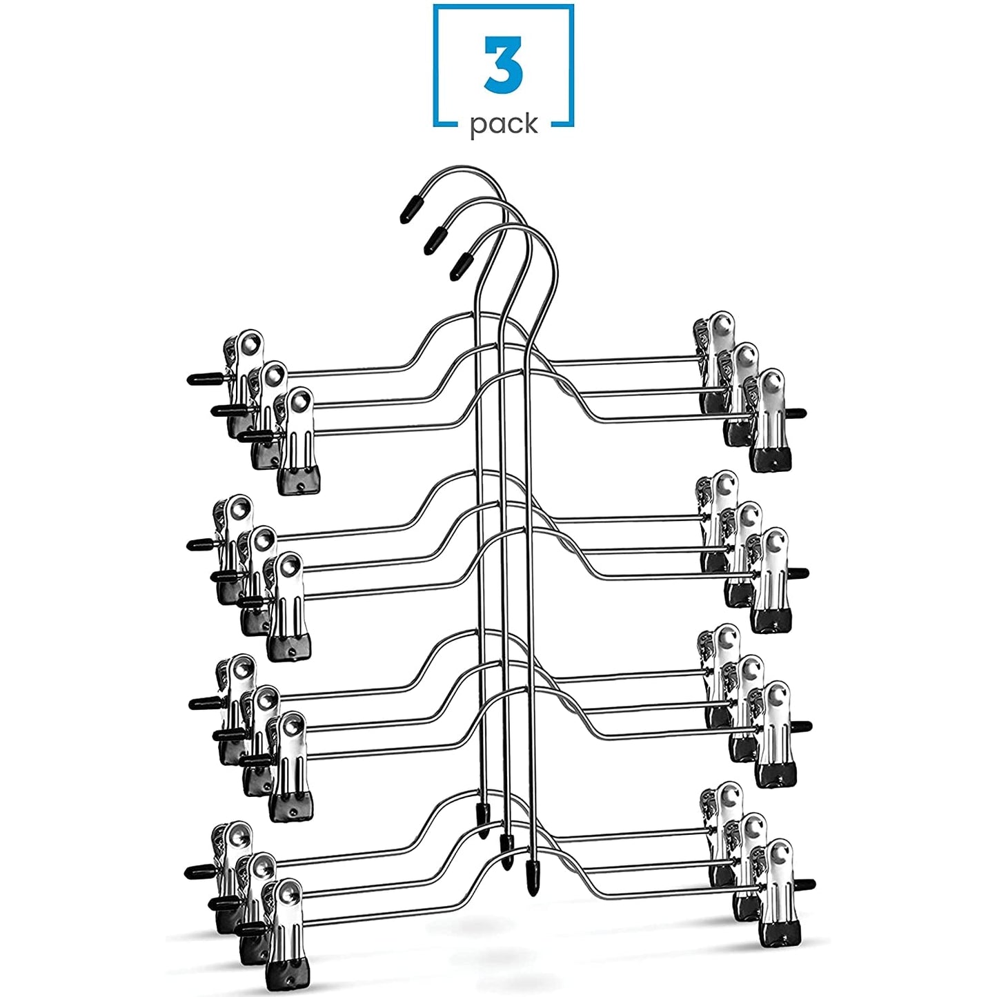 Zober 4-Tier Skirt, Pants Hangers with Clips - Metal, Non-Slip Space Saving, Adjustable Clips & Swivel Hooks for Women (3-Pack)