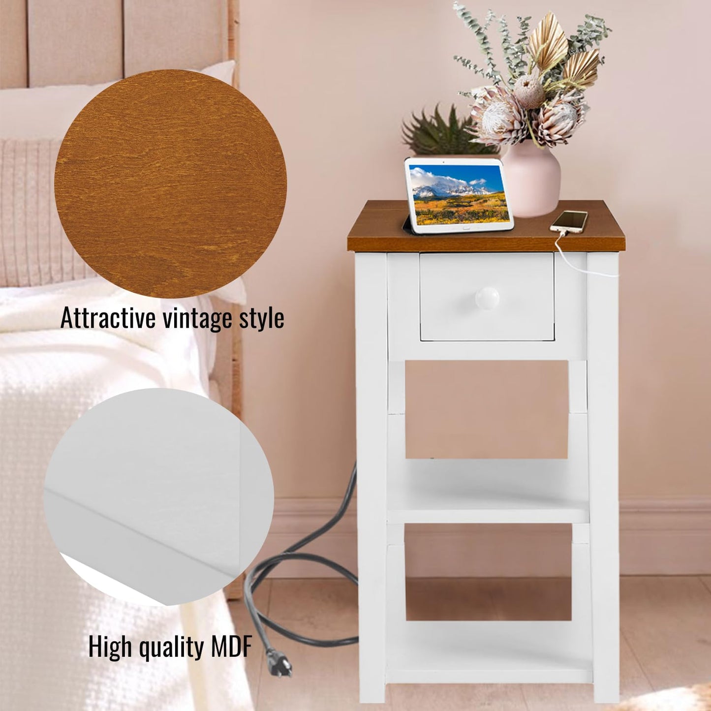 BHWXXMM Telephone Tables with Charging Station,Narrow End Tables Living Room, Side Tables with Storage，for Small Space, Living Room,Bedroom (White)